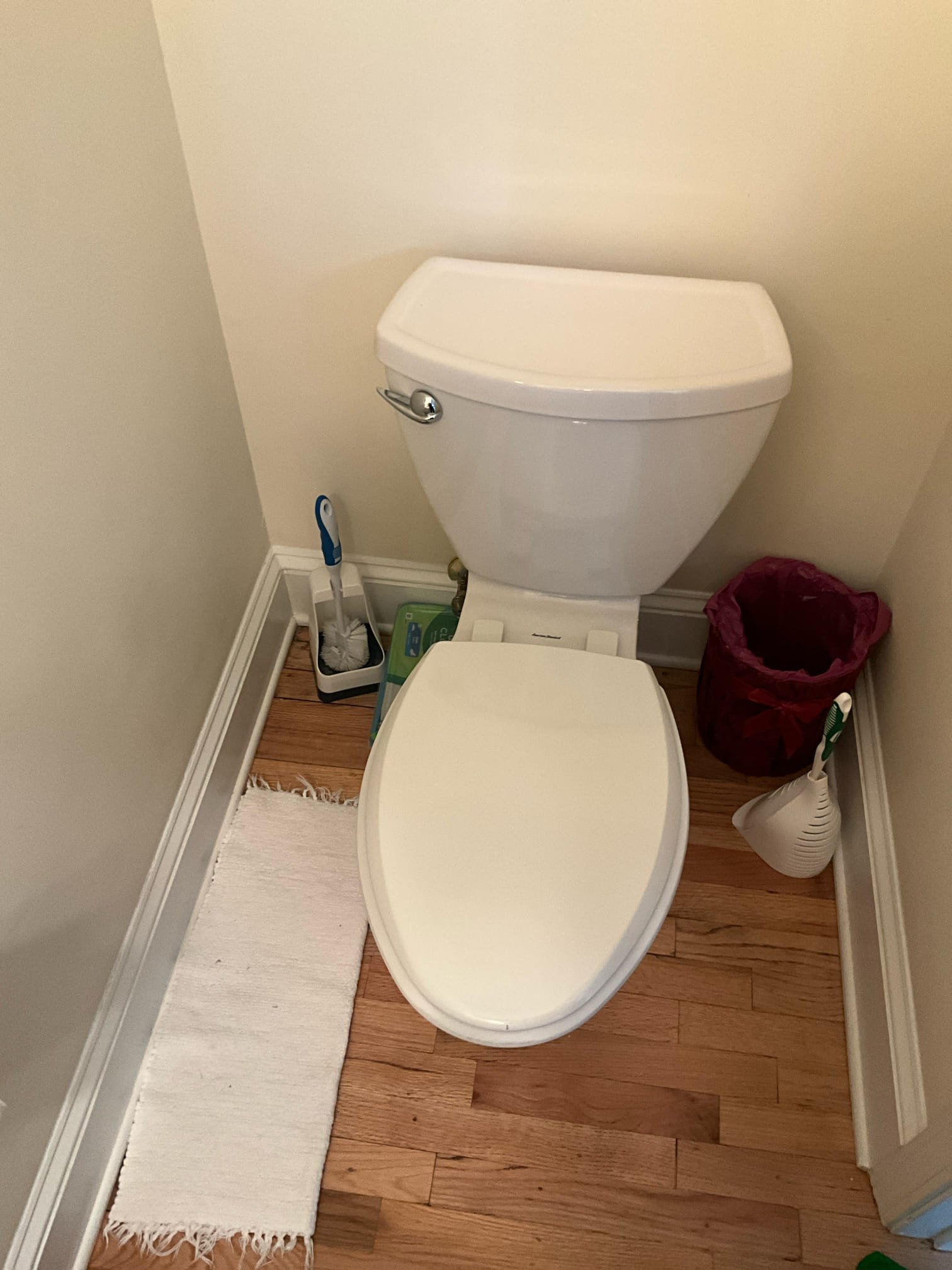 Customer had a Kohler Cimmaron to install in main floor powder room. Removed the old toilet and installed the new toilet. Put customers back stops back between the wall and tank to avoid the tank breaking. Made a note to the customer that the flange is offset and doesn’t allow the toilet to sit perfectly straight. That means the toilet doesn’t allow the second back stop to touch the wall. Customer understood. Tested all work to ensure proper function and no leaks. 