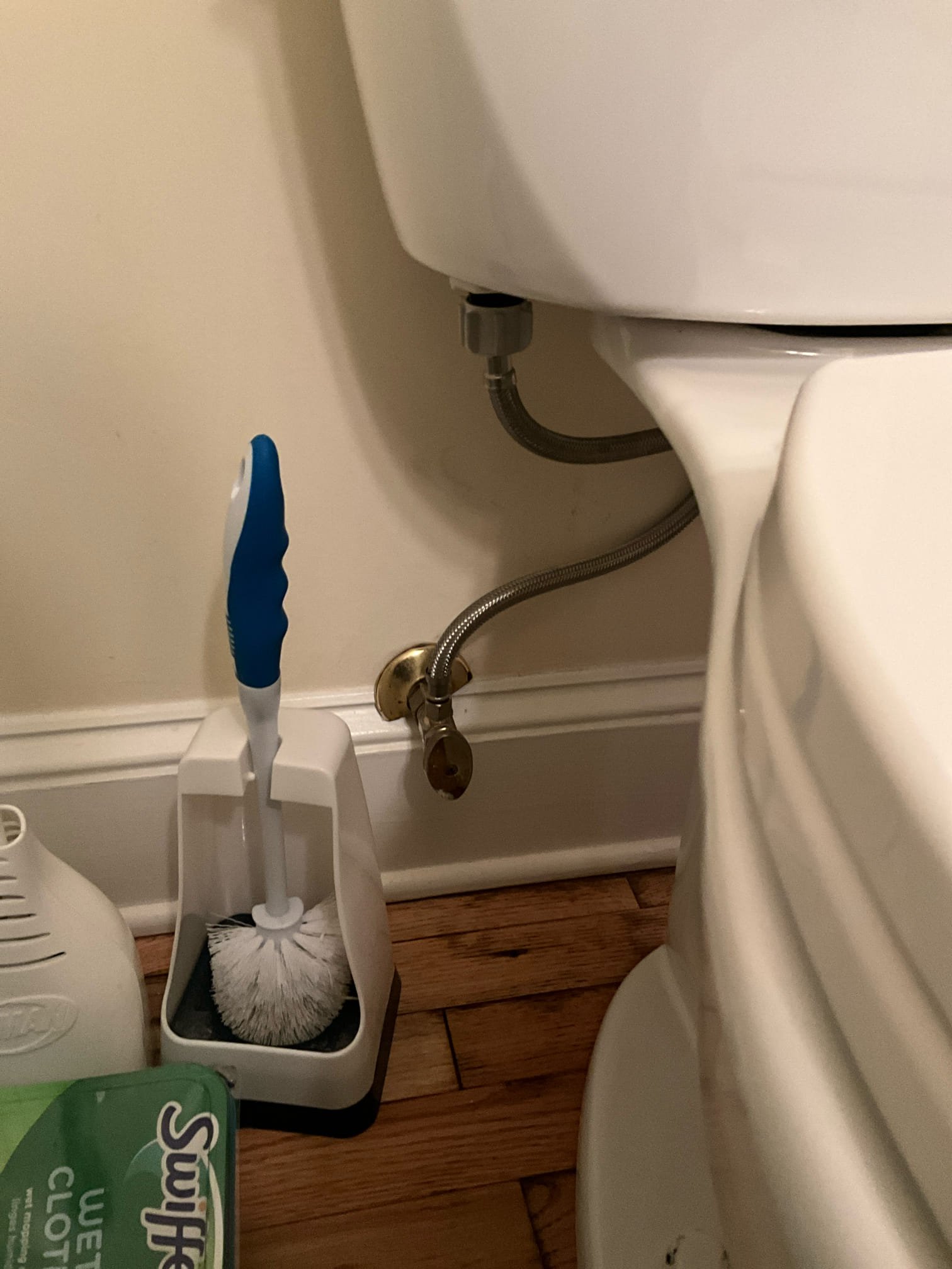 Customer had a Kohler Cimmaron to install in main floor powder room. Removed the old toilet and installed the new toilet. Put customers back stops back between the wall and tank to avoid the tank breaking. Made a note to the customer that the flange is offset and doesn’t allow the toilet to sit perfectly straight. That means the toilet doesn’t allow the second back stop to touch the wall. Customer understood. Tested all work to ensure proper function and no leaks. 