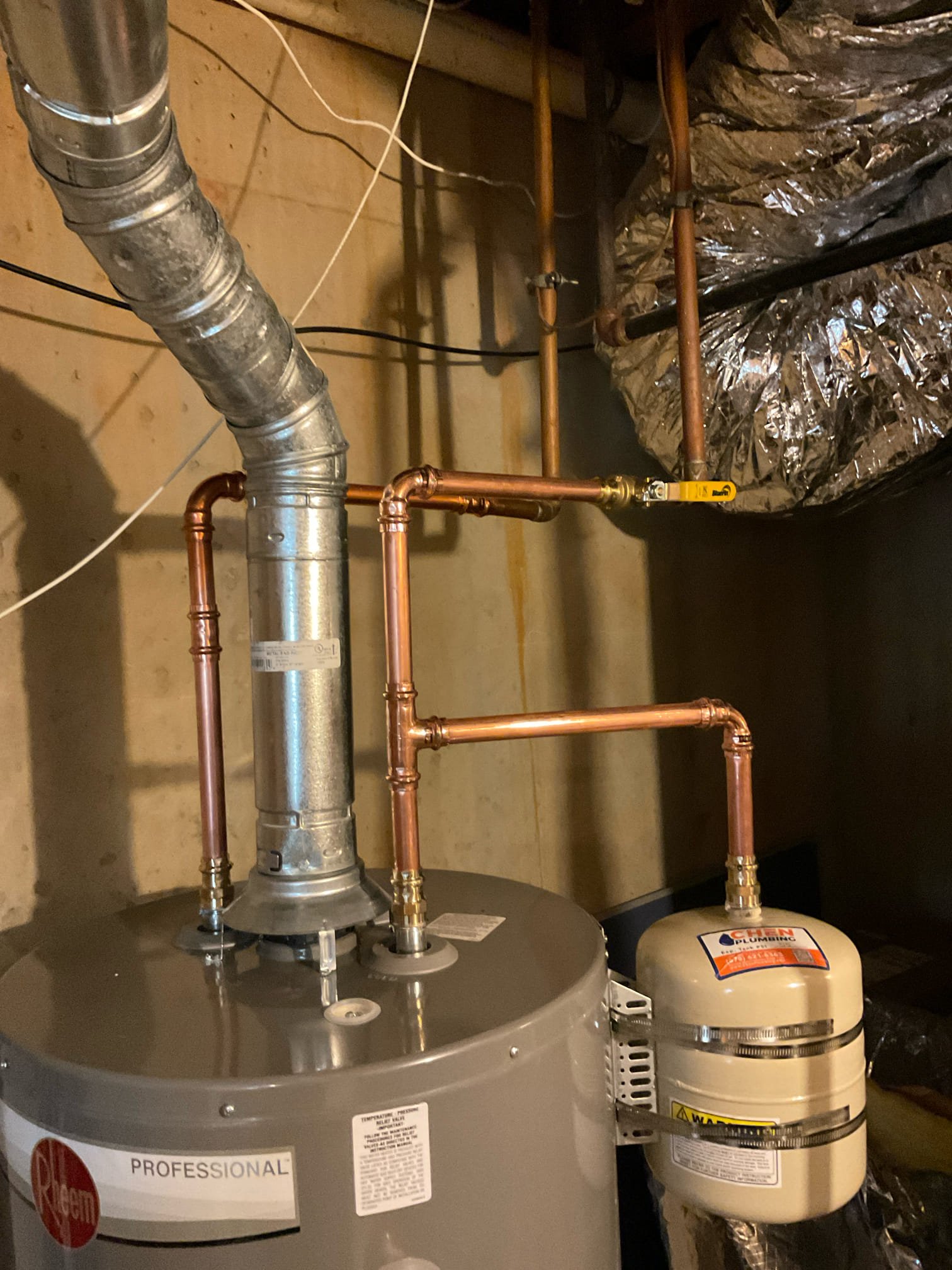 Remove existing water heater and haul away. Furnish and install new 50 gallon gas water heater with new tank shut off and thermal expansion tank. Also install drip pan under heater.

Did quoted work. Tested and no leaks present at this time. Lit water heater. There should be hot water in about 45min. Cleaned up work area.