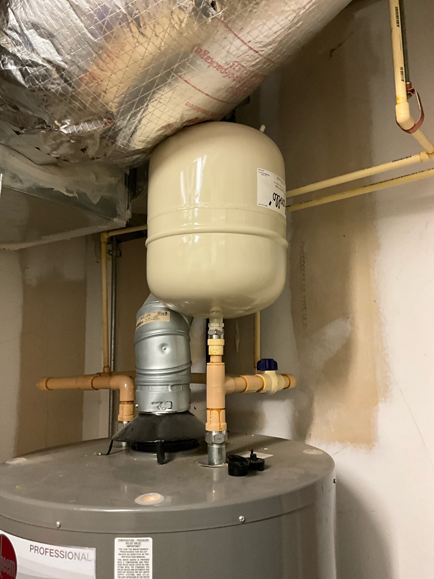 Customer couldn’t locate the outdoor hose bib that wasn’t functioning properly. Customer showed me the indoor hose bib that wasn’t working. The indoor hose bib is leaking at the base and needs replacement. Saw no indication of a shutoff to isolate the valve and cause the reduced flow. Replacement of the valve is the first step. Also left price for a new water heater because it is almost to the recommended replacement age of 10 years, and there are safety issues with the unstrapped thermal on plastic pipe, as well as a pvc drain line for the drip pan. This is not an approved piping material due to the low melting point of pvc. 