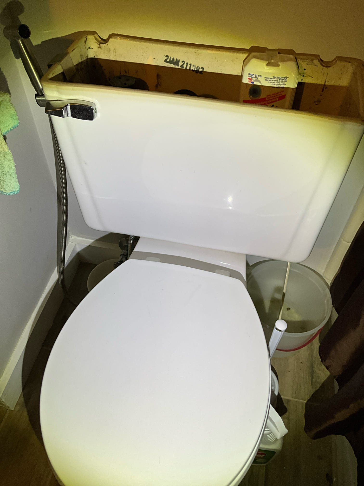 Customer had a tenant with Mansfield toilet in upstairs bath that was running. Customer had the stop to the toilet off and a bowl below it because it was leaking. Left price for a toilet rebuild, a service stop replacement for the toilet and a new PRV due to high pressure in the unit. Customer declined work at this time. 