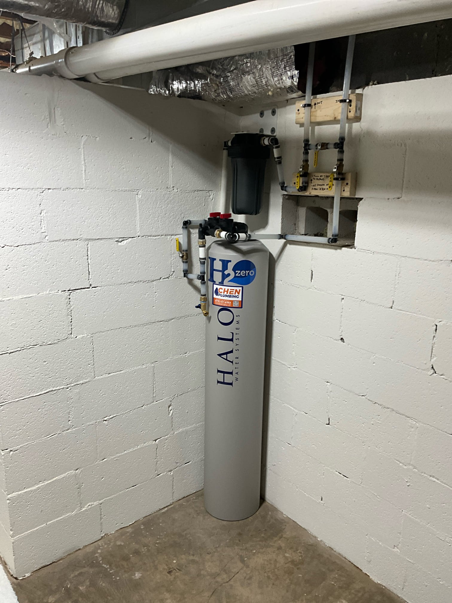 Return to install customer requested hammer arrestor replacements on washing machine. 

Replaced hammer arrestors with dedicated pair. Cut drywall below washing machine box and installed new shut offs with hammer arrestors. 
During this visit I also rechecked water pressure. During this check I noticed significant fluctuation on the gauge when checking pressure. Further targeted inspection revealed that the two water heaters in the basement had only one undersized expansion tank, and that it was isolated from the water heaters by check valves serving the recirculating systems.

I discussed concerns, specifically stating that I believe water hammer is being made worse by this situation. We installed new dedicated thermal expansion tanks and corrected the isolation by repiping both cold water inlets. Both expansion tanks have been set to 60psi to match the operating pressure that was read at the home. 

We also installed a halo whole house carbon filter with bypass. I returned the follow