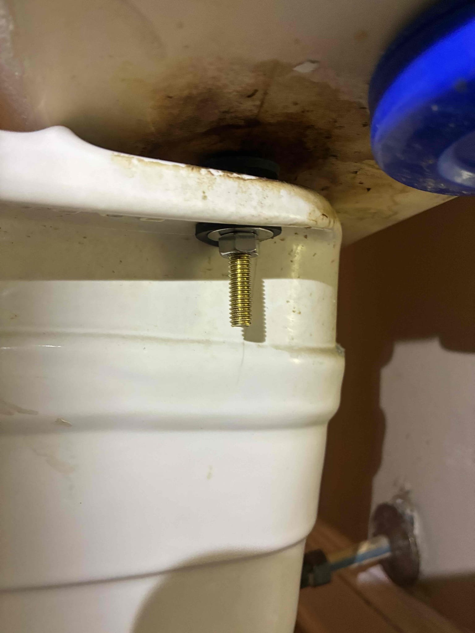 Upon arrival inspected leak near toilet. Found toilet to be secured and found leak coming from tank to bowl area and from the rusted bolts. Shut off water to toilet and removed toilet tank. Installed new flush valve, new fill valve, new flapper, new toilet tank to bowl bolts and gaskets as well as new toilet supply line. Tested for proper operation. Found no additional leaks after work completed.