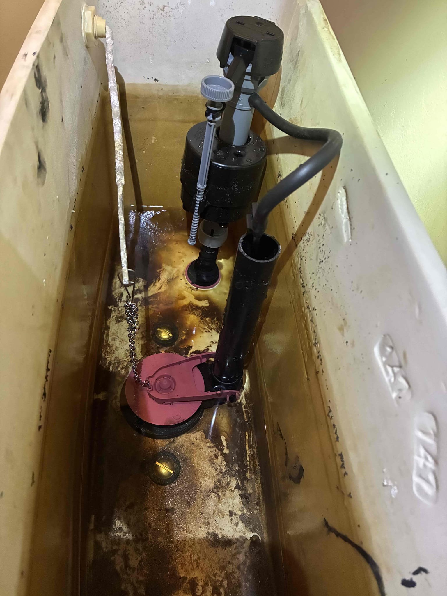 Upon arrival inspected leak near toilet. Found toilet to be secured and found leak coming from tank to bowl area and from the rusted bolts. Shut off water to toilet and removed toilet tank. Installed new flush valve, new fill valve, new flapper, new toilet tank to bowl bolts and gaskets as well as new toilet supply line. Tested for proper operation. Found no additional leaks after work completed.