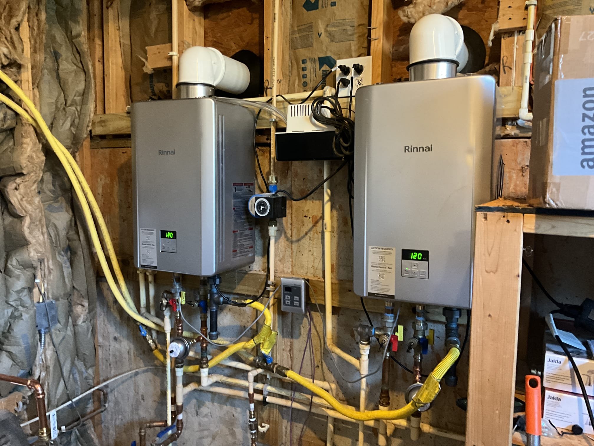 Warranty Repair:

Returned and replaced both vent collars and the horizontal penetration through the walls for concentric venting. Raised the level of the tankless units to accommodate this change. Resealed the vent on the wall. Installed communication cable between the two units. Tested all work to ensure proper function and no leaks. None were found. 