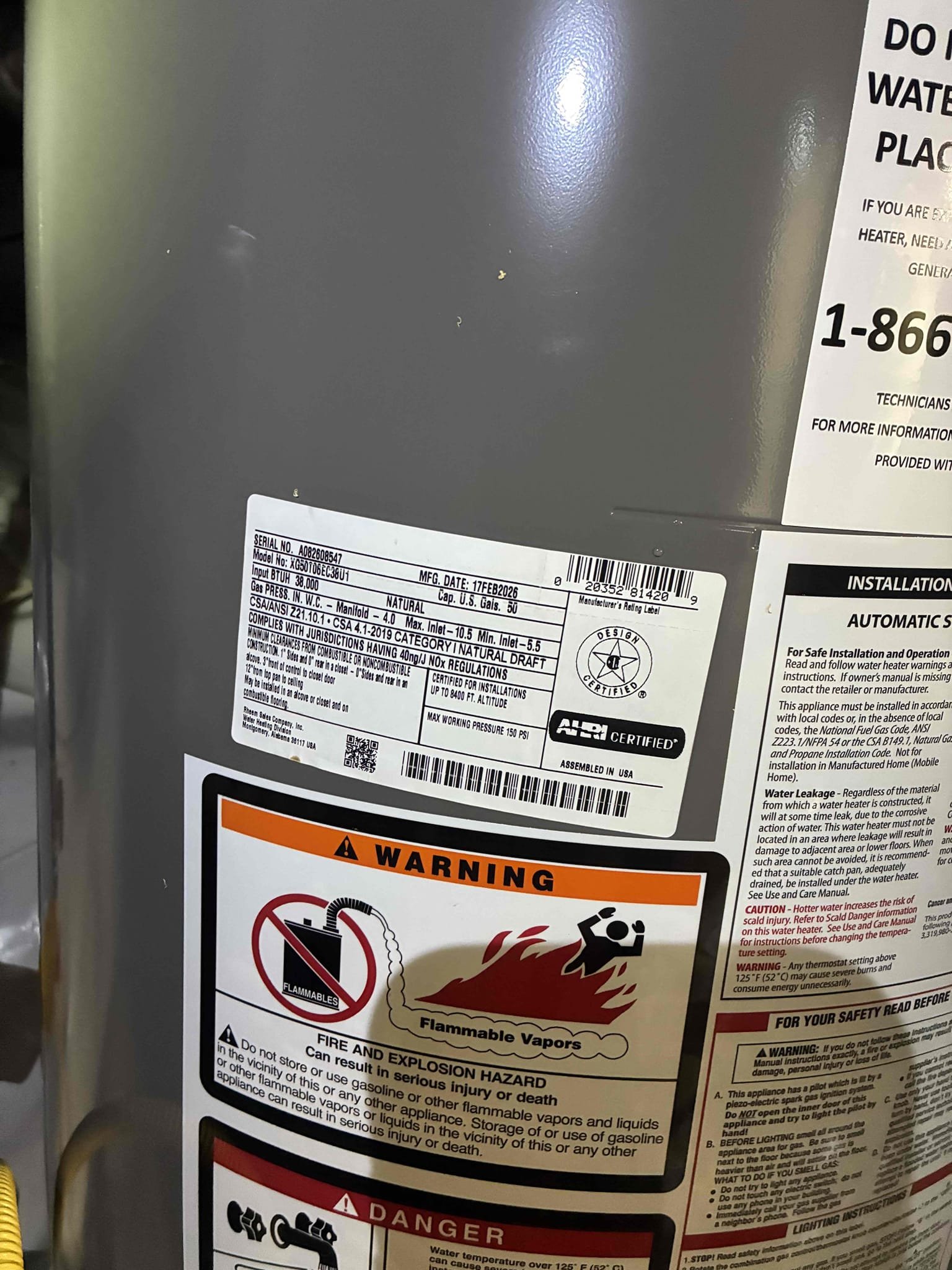 Shut off water to home and drain water system and water heater. Cut out and remove old water heater. Provide and install new 50 gallon gas water heater. Install new thermal expansion tank. Test for proper operation 
Upon arrival tried locating pressure regulator and main shut off valve on main line coming in or in valve box near meter. None were found. Install new pressure regulator and main shut off valve 1/4 turn ball valve. Test for proper operation.
