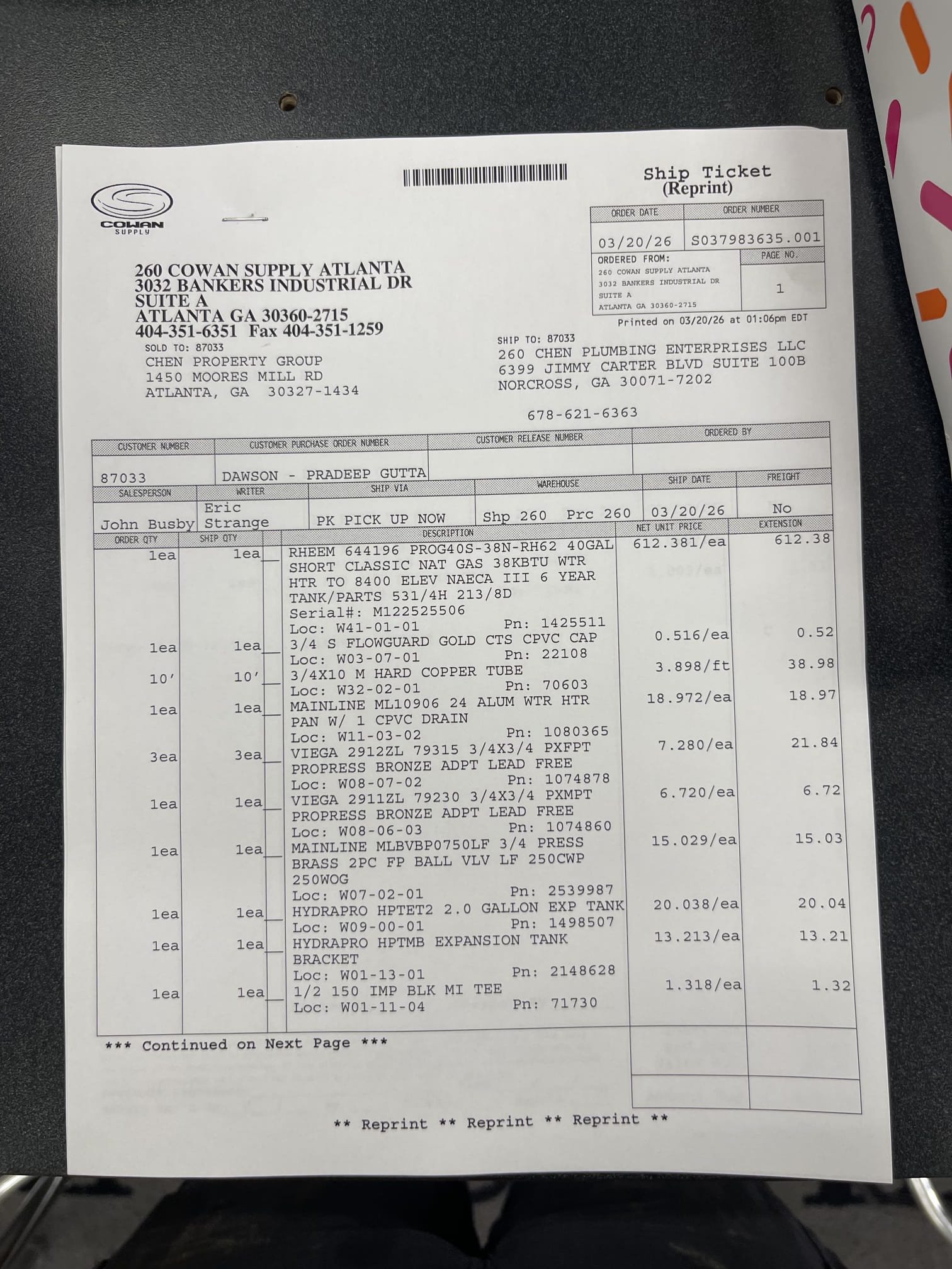 Replaced 40 gallon gas water heater in basement. Redid vent transition and replaced with proper reducer fittings. Replaced leaking gas valve on fuel line to water heater. No further issue at this time. 2 year labor warranty, 6 year manufacturer warranty. 