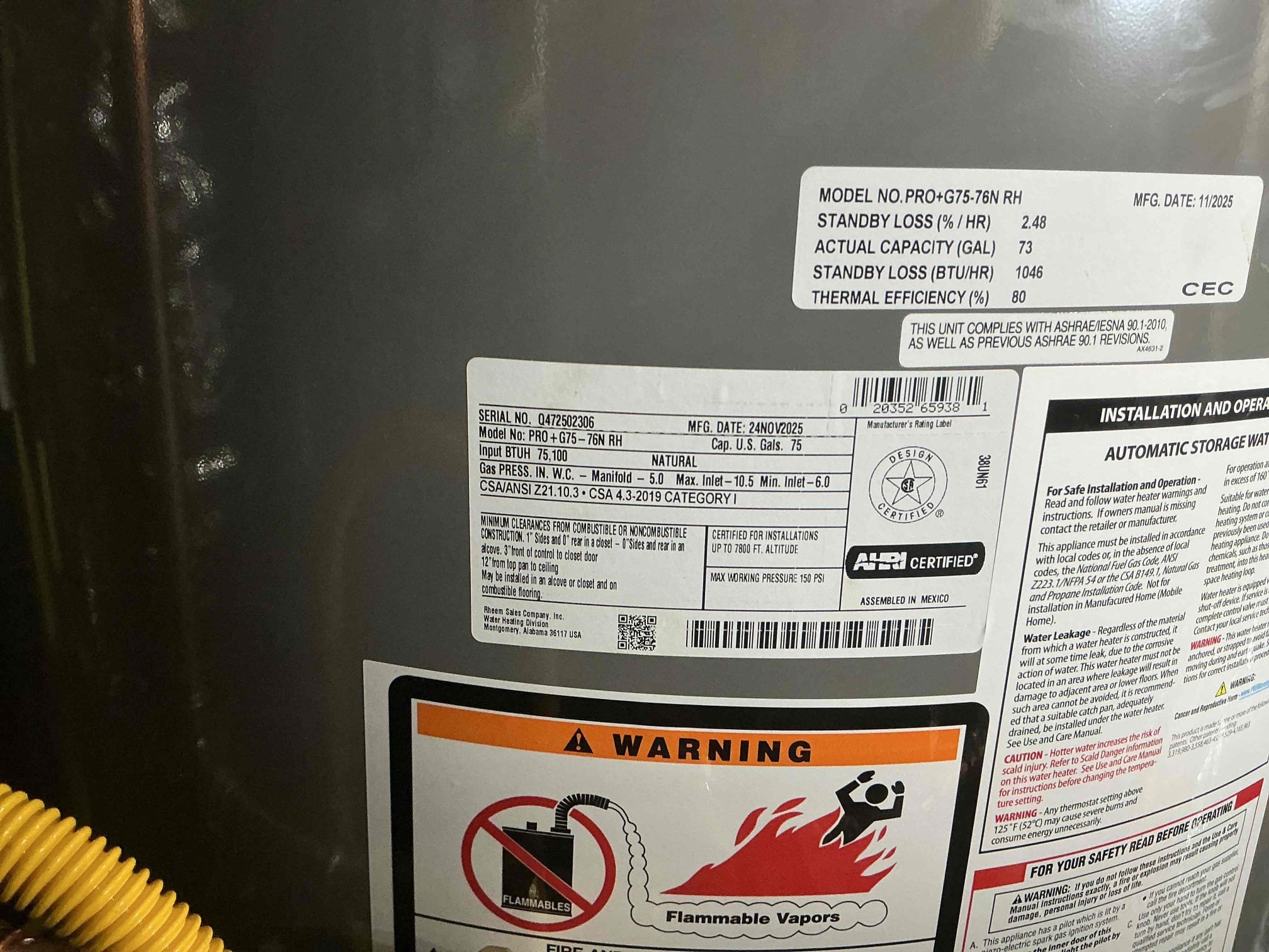 75 gal gas water heater and another gas leak upon arrival. Customer stated the water heater was no longer fired up and when he went to relight the pilot light he noticed a gas smell as well as water around the bottom. Informed customer there was no repair options for the water heater but we could replace the water heater and re work all the gas in the area to stop the leak. Also noticed Recirc pump was leaking, informed customer we could replace it or just cap the line off. Customer wanted to replace the pump as well. Gave customer estimate to fix all the issues. Customer approved estimate. Re worked all the gas in the area and made sure there was no longer a leak, installed new 75 gal gas Rheem water heater with a new Recirc pump. Turned water and gas back on. Found no leaks on water or gas. Ran water in master bath where the dedicated line was ran to allow the pump to have water. Turned pump on and it is working properly. Water heater is working properly and there is no longer a gas 
