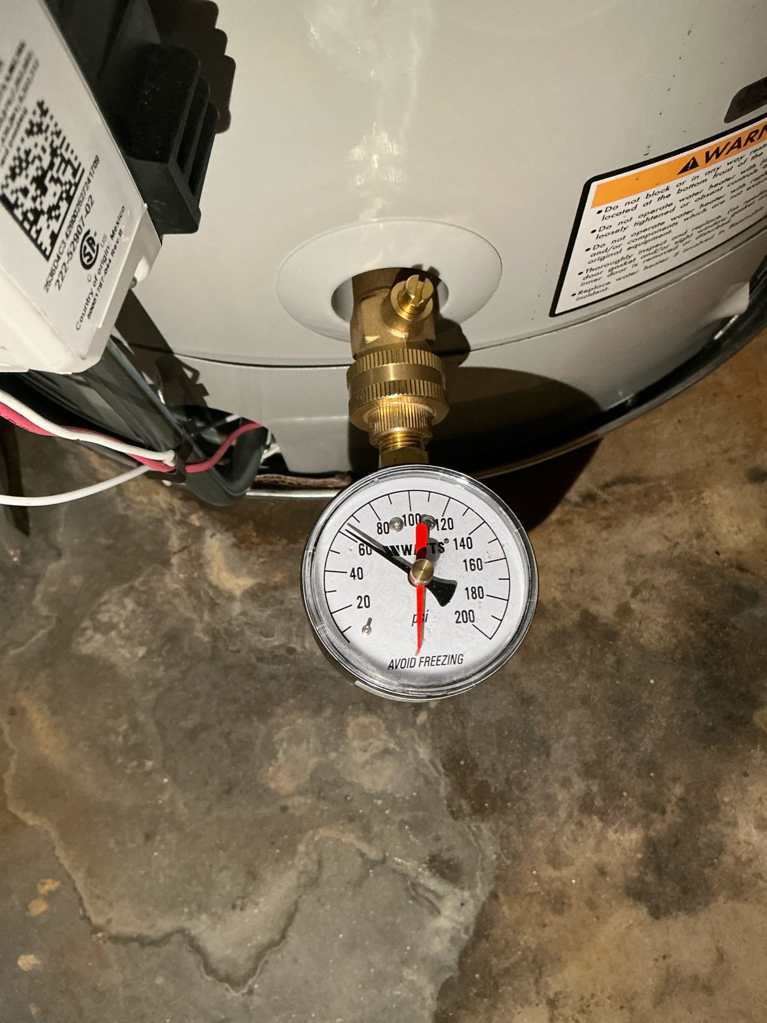 Performed complementary pressure check. Pressure is at 62 psi. Water heater and pressure regulator are newer. No issues with water pressure and no leaks found. Left estimate for new washing machine boiler valves.