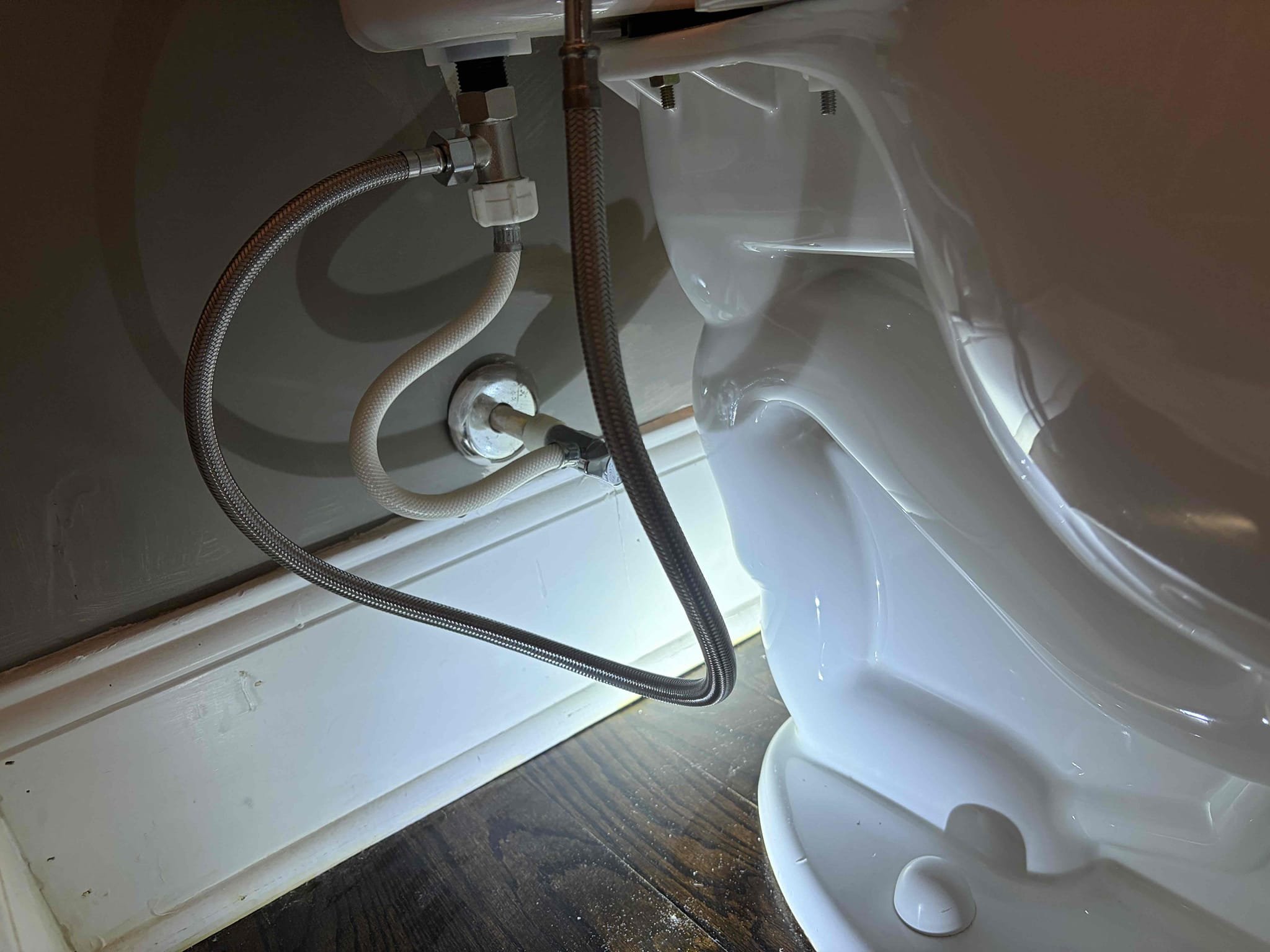 For this customer, he called us out for a couple different things a toilet leaking and he wanted to get two bidet installed in his home so I took a look at the first issue with the toilet leaking because that was the biggest issue on the list and what we have found is that whenever the bidet is being used in the master bathroom, it would spray backwards because the Toilet bolts in the bracket was not secure as a result it would start to leak and then leak down to the floor off of the toilet so for that fixed the customer will be buying some new bolts for the bracket so it is nice and secure and that should be the fix for that as for the two bidet seats I didn’t charge the customer for installing one of the bidets due to the fact that he had majority of it all connected, except for the waterline so I did that with no extra cost. However, for the toilet in the second floor guest hallway bathroom we went ahead and charged for that per day. Install did not need to replace the supply line b