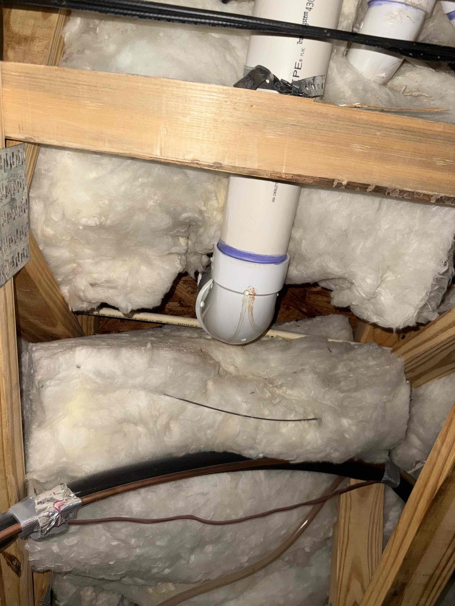 Leak in basement upon arrival. Customer stated he noticed a drip in the basement. After looking found 4x3 90 leaking at glue joint. Informed customer we would have to cut out that section including the flange above and rework it to fix the issue. Gave customer estimate, customer approved estimate. We will be out tomorrow morning to complete the job