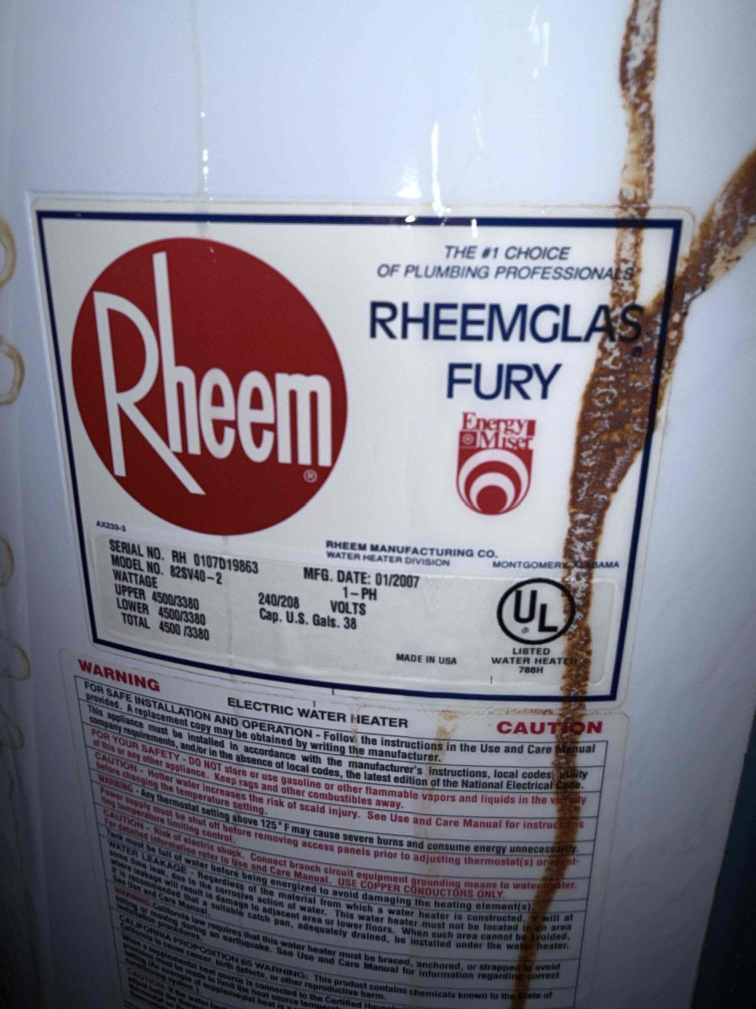 Water heater busted upon arrival. Customer stated stated she woke up this morning to no hot water. After looking found 38 gal low boy busted and leaking in the crawlspace. Informed customer we could replace the water heater but could not repair due to it leaking. Gave customer estimate, customer approved estimate. Installed new 38 gal low boy electric water heat and brought it up to code with a new thermal expansion tank, shutoff, and pan underneath. Turned water back on to check for leaks. Found no leaks. Turned electrical back on and made sure the water heater was fired up. Water heater is fired up and working properly. No leaks upon departure 