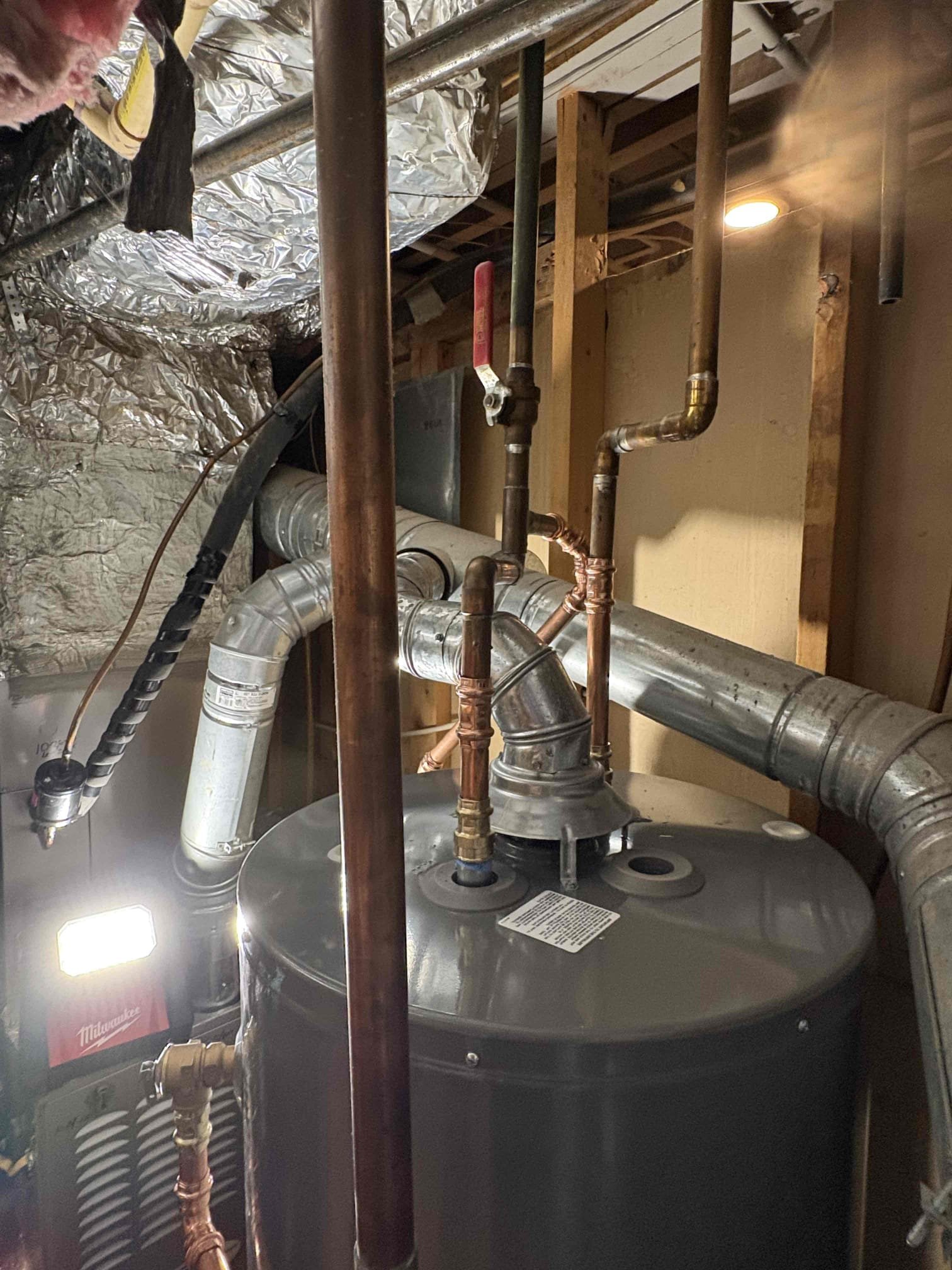 Came out today to perform our once yearly whole home plumbing inspection client gets with being a Win with Chen Service member. We checked water pressure and it was 95 psi, and we replaced the pressure reducing valve less than a year ago. We went ahead and replaced that failed pressure reducing valve under warranty with new of same model and set to 60 psi. 

Clients thermal expansion tank on the 7 yr old water heater had failed and was no longer doing its job for the plumbing system. With the water heater being 7 yrs old, and life expectancy being 8-10 yrs, it was decided best to replace the water heater which included the new properly supported thermal expansion tank with mount bracket per code, pumped up to match home water pressure of 60 psi. Also added a yellow coated gas flex on the new unit as well as a new pan. 

Client also had a good bit of copper pipe on the cold side under the kitchen sink that was super green and corroded. This line feeds the kitchen sink and the back hose 