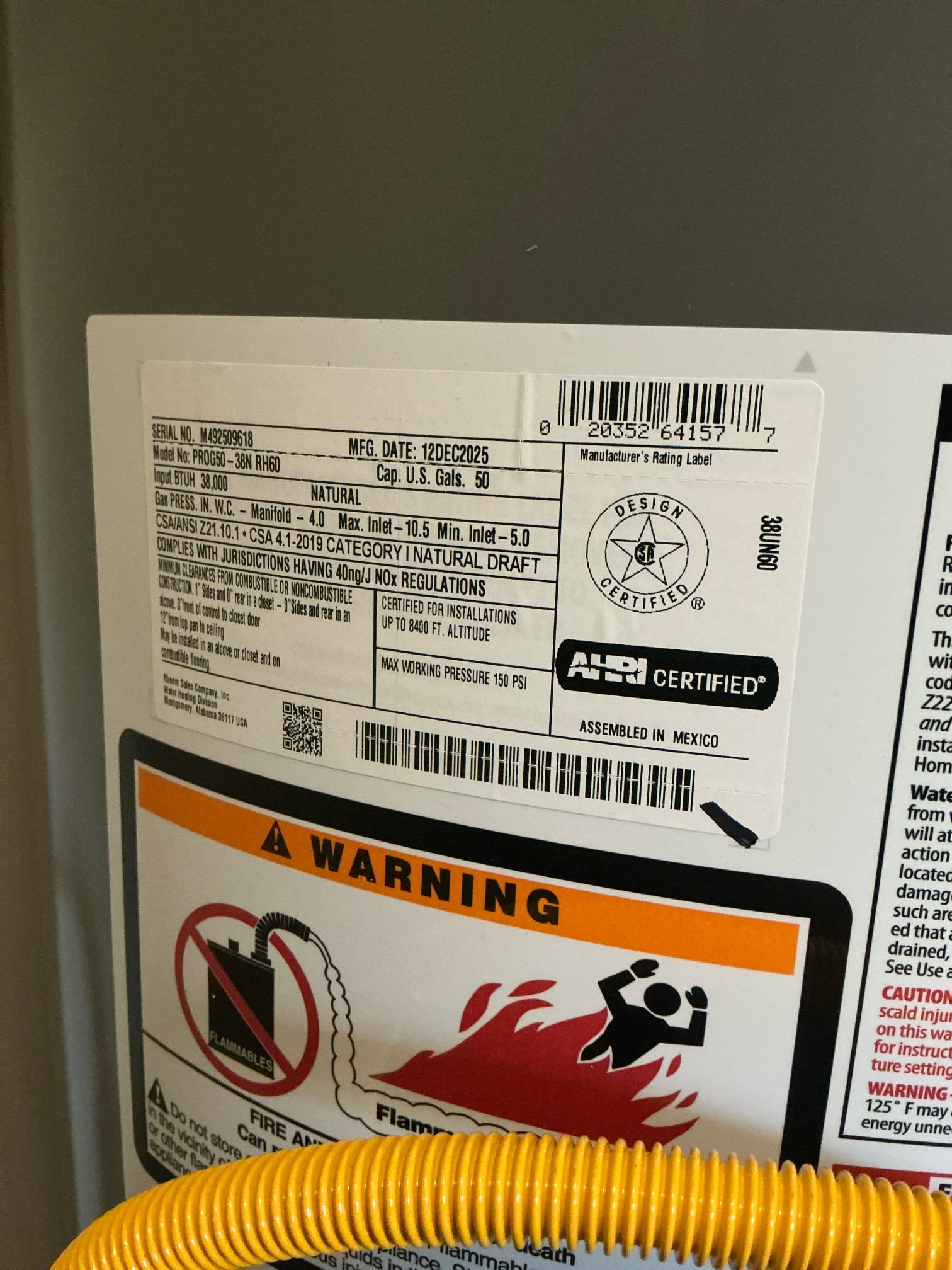 Customer called us out for high water bill showing 55,900 gallons of usage. Performed full evaluation found toilet continuously running due to failed fill valve.

Also observed leaking hosebib signs of high water pressure. Tested system pressure at 110 psi which is above safe limits. Advised customer on replacement of PRV.
Also, while on site, we noticed water heater to be 16 years old, which is past service life, recommended replacing.
Customer approved water heater replacement furnished and installed new 50 gallon water heater. We brought the system up to code, including an updated venting, installed  water shut off dedicated to water heater and installed a thermal expansion tank.


System tested. All work is operating properly and leak free at this time.




Warranty: applies to work perform and install components only. No warranty existing system conditions and/or piping.