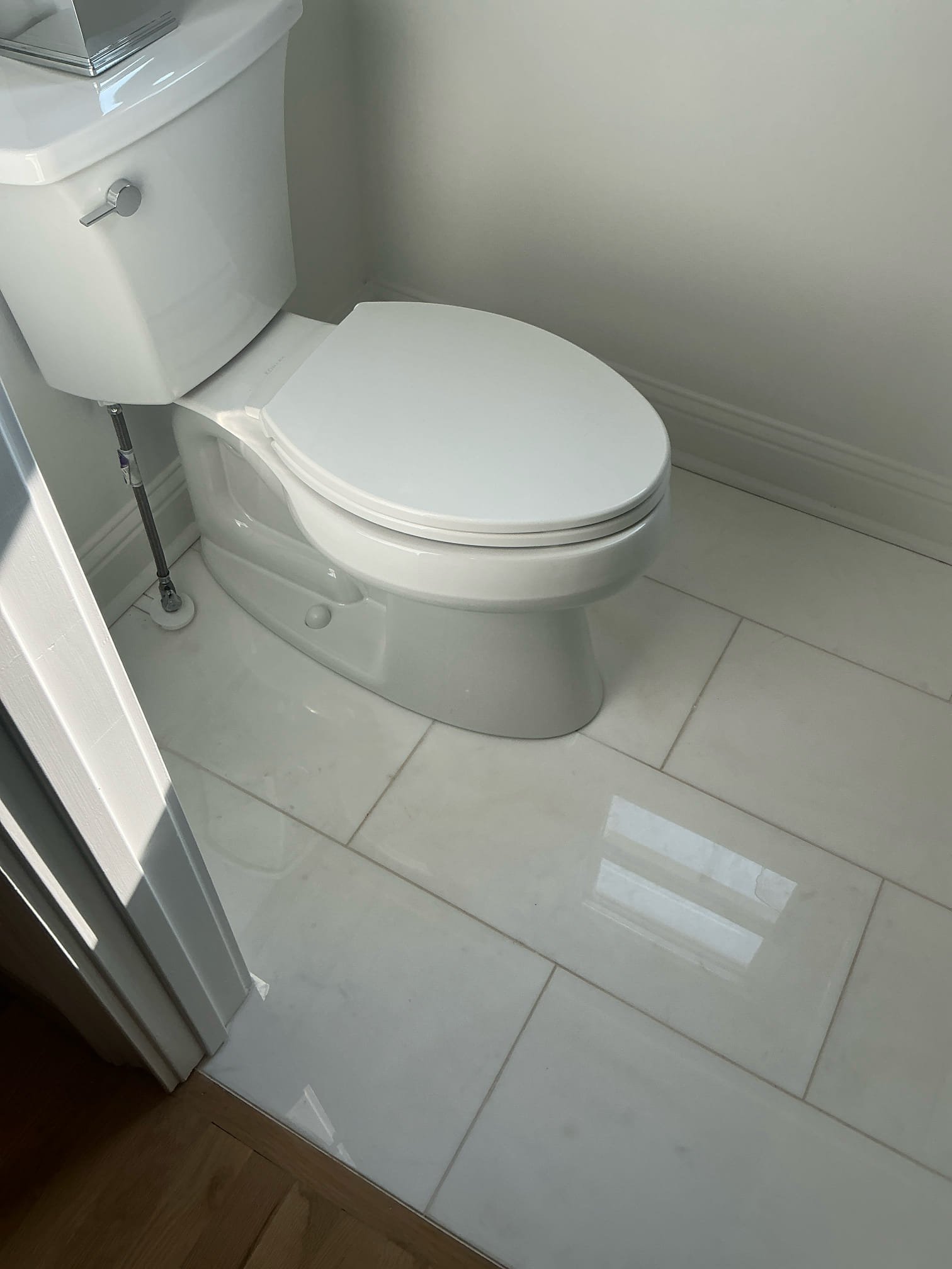 Found upstairs lavatory faucet spouts loose. Tighten lavatory spouts and caulked to counter top. Toilet in upstairs powder room leaking from base. Pulled toilet in powder room and reset with new wax seal. Caulked toilet to floor. Found water pressure at 120 psi recommended replacing Prv. Sheetrock will have to be removed. Informed customer we do not repair Sheetrock.