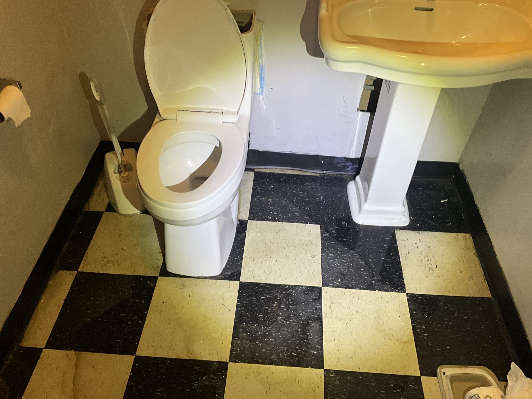 Customer had the toilet in the dining area backing up and water running under the toilet and onto the floor. Pulled toilet and ran camera to discover a paper towel clog in the line. Pushed through and discovered severe channeling and some cracking on the side walls of the pipe. Pipe can safely be jetted or relined due to age of pipe and condition of the pipe. Left customer quote to replace sections of cast 8n side the building. Informed customer bathroom affected still needs to be out of order because the bathroom group will back up again. 