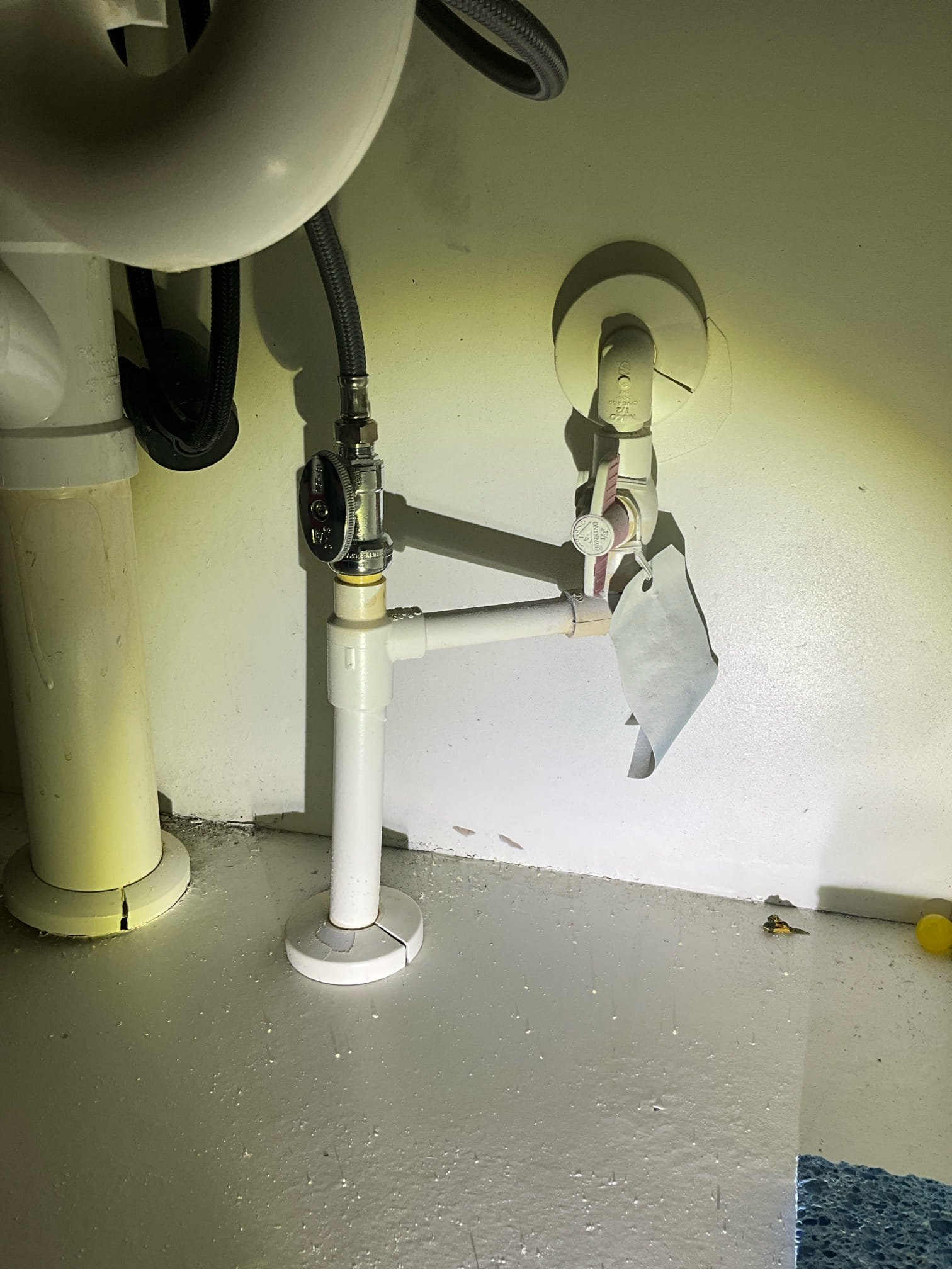 Customer had a stop for the kitchen that was broken. Stop started leaking when I inspected it. Replaced the stop as a courtesy since the inspection caused the leak. Turned on front hose bib. Water heater installed in 2024. 