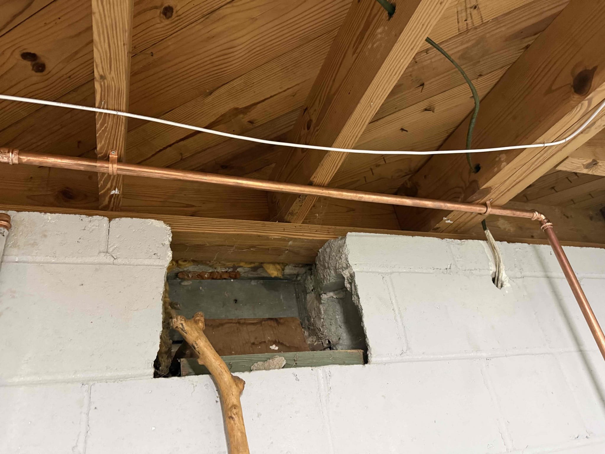 Replaced copper water service with new 1 inch black poly line from the meter. Drilled a new stubout and added a new shutoff valve at the meter and in the basement. Capped off the old water service. Turned water back on to check for leaks and found no leaks. Water service has been replaced and has no leaks upon departure 