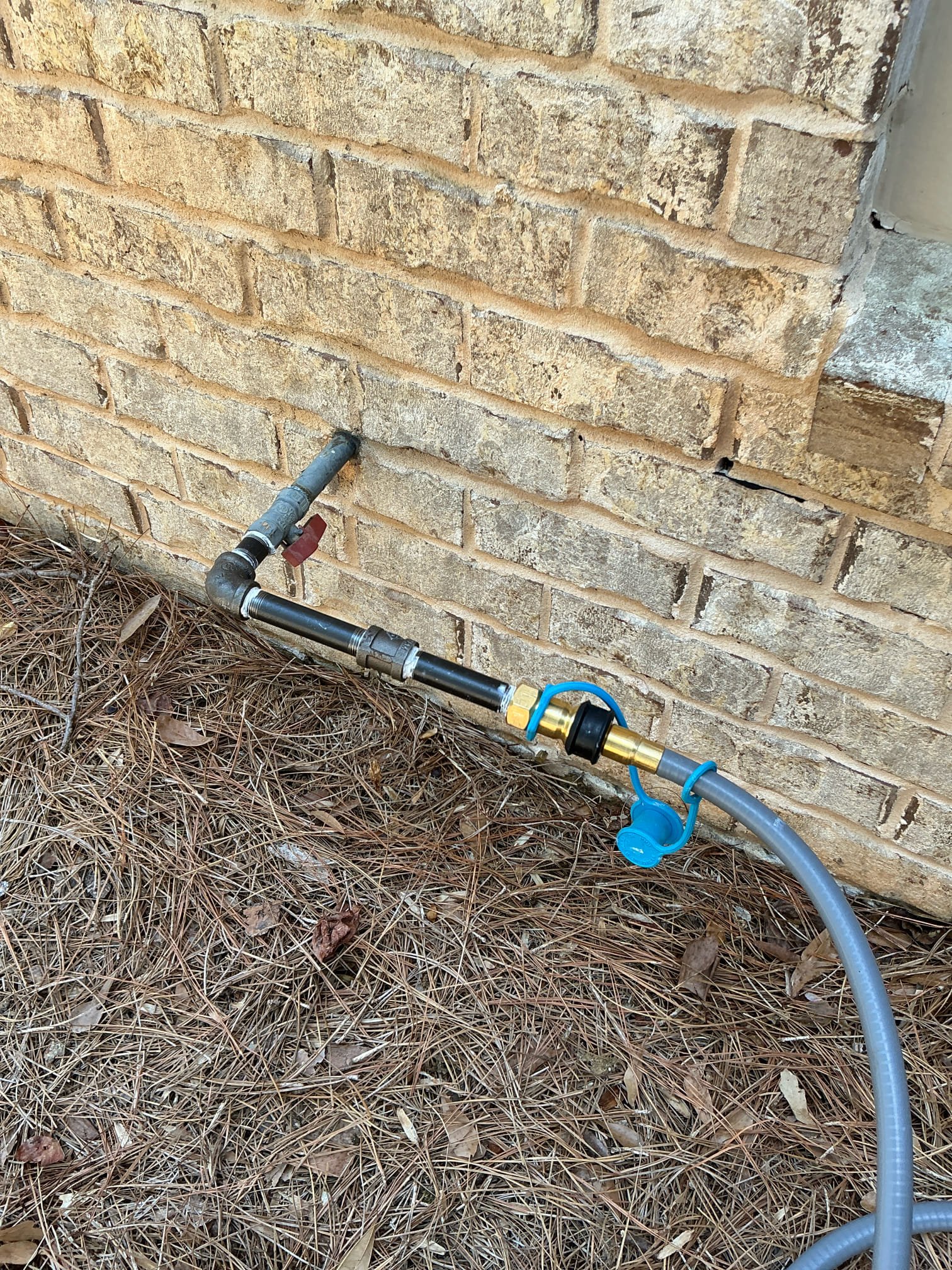 Hook up customer grill outside to existing valve on outside of home. Connected gas line and adapter. Tested for proper operation and leaks. 