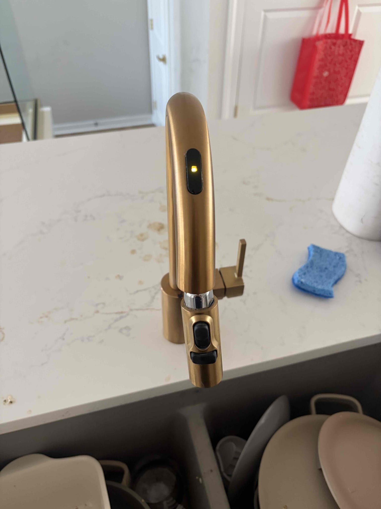 For this customer we got called out because there was no water going to the kitchen sink faucet however there is water going to the surrounding of the house so therefore I knew it was an isolated issue. The customer has a Moen faucet. The faucet is a battery operated faucet, indicating that there has to be something wrong with the batteries and or the solenoid. The faucet was blinking, a yellow light on the top of the faucet, indicating that the batteries remote and that’s what needed to be replaced. However, the customer was gonna go ahead and replace the batteries themselves. It requires 60 batteries in order for the faucet to function properly gave a couple different solutions of what we could do by getting rid of the old faucet and replacing it with a new non-battery operated faucet however, the customer just wants to go ahead and replace the batteries for right now at this time we charged the service fee for coming out to diagnose. The problem took a look at the water heater and n