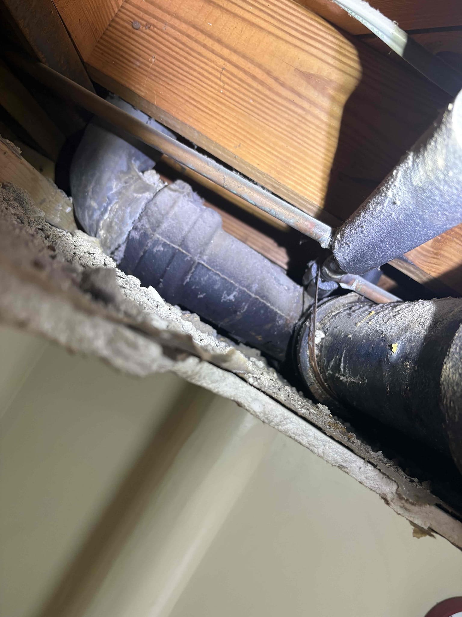 Client called us out to give estimate on repairing a leaking cast iron drain pipe in the basement bathroom ceiling. Due to water lines being run all over the drain pipes that need repaired, we will have to cut out those water pipes in order to cut out and put back the drains. We will put water lines back after drains are in. Client responsible for Sheetrock or any other repairs necessary after work is complete. 

Waived SF