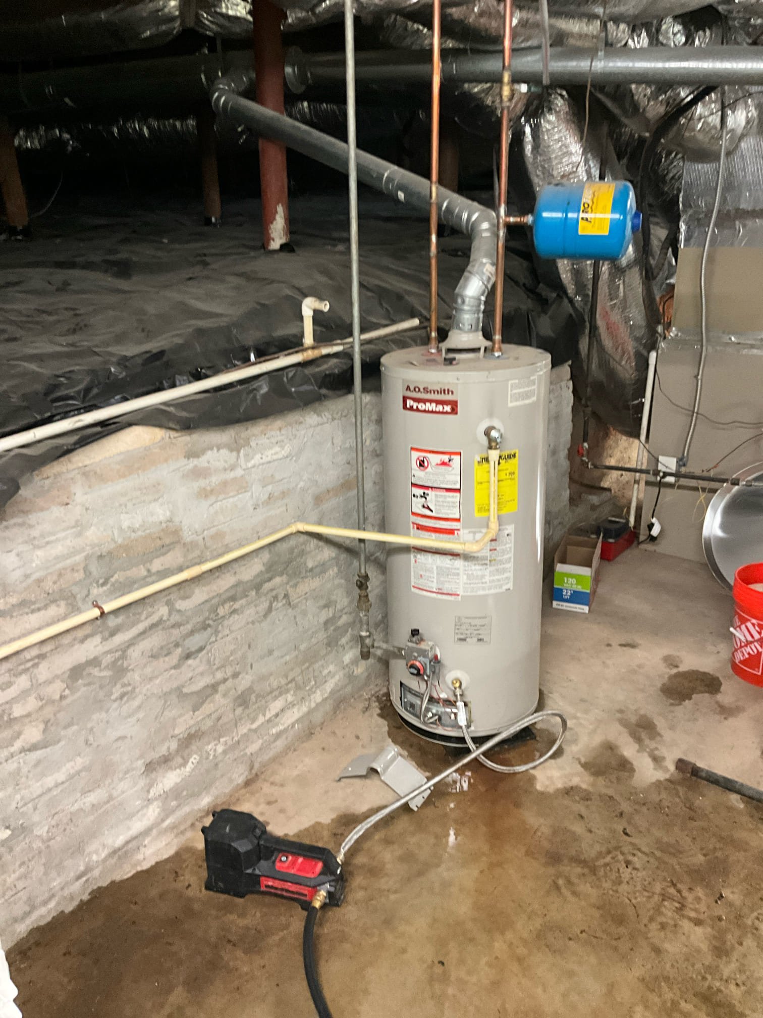 Call for water heater leaking and pressure regulating valve.

Arrived and met with Alison. She stated that they had no hot water this morning, and when they checked the water heater there was water on the floor.

Removed failed water heater and replaced with a new 40 gallon short water heater. Installed. Drip pan and new thermal expansion tank. New gas shut off valve and drip leg. 

We replaced the failed pressure regulating valve and installed a new whole house shut off valve.

Pressurized and lit unit, set to standard heat.
