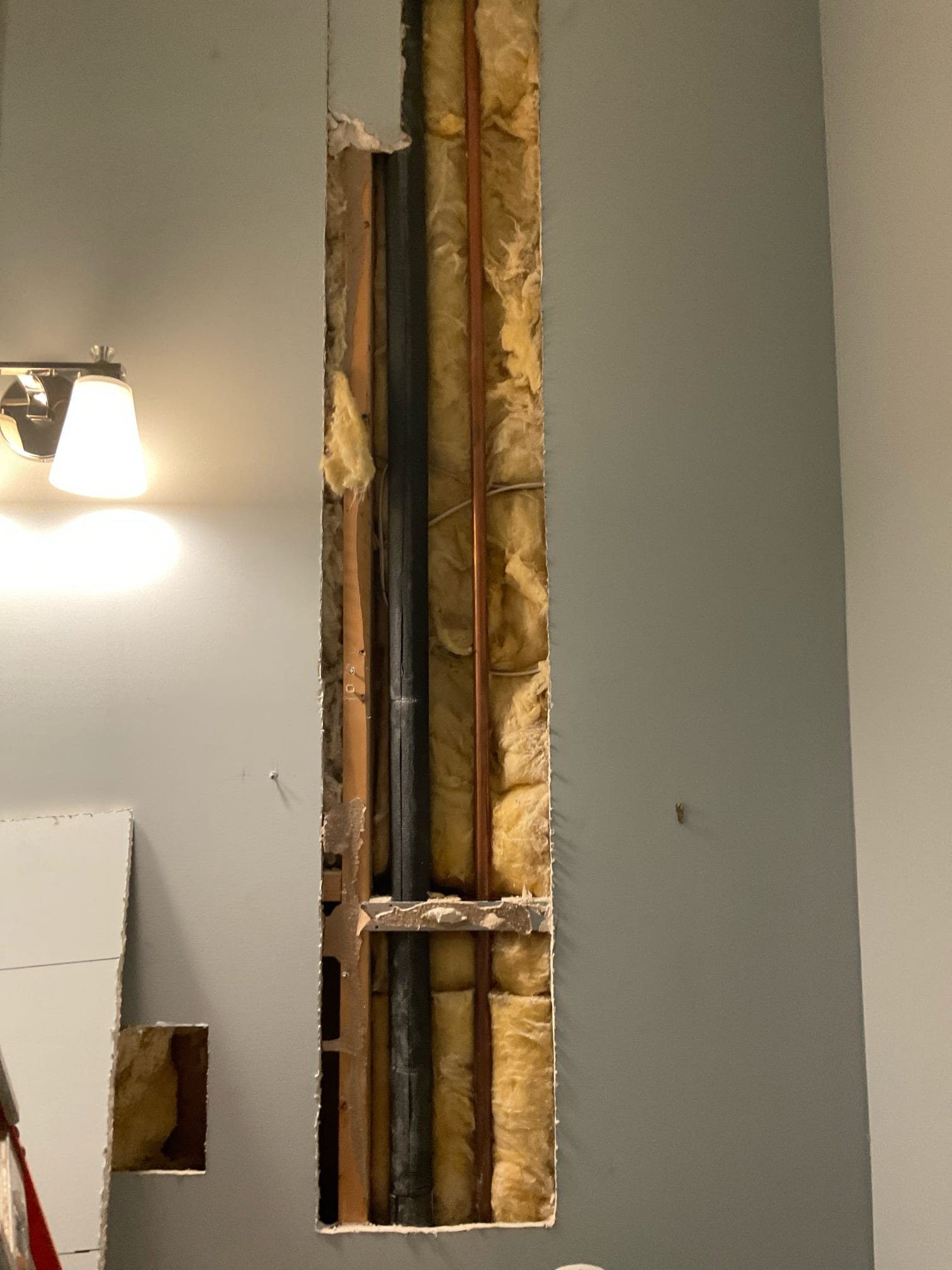 Today we checked water in basement floor again , we found another leak behind half bath in main floor , we cut few holes found the leak from a copper pipe ( pinhole leak ) , we cut out that section and fixed with new copper pipe and propress fitting , we cleaned job site , this job is not included fix drywall back 