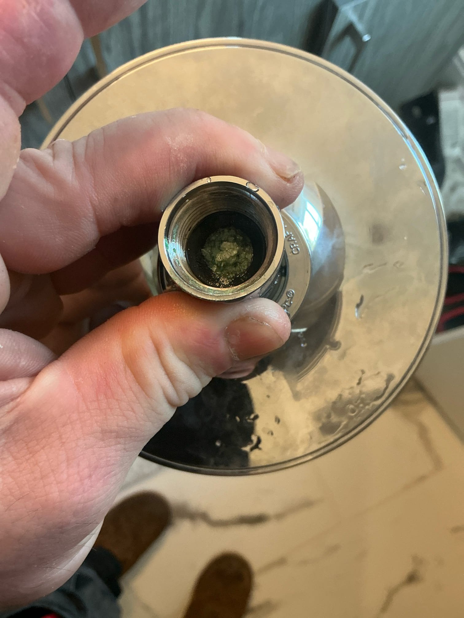 Found shower in guest restroom with low volume. Removed shower head and cleaned mineral buildup out. Reinstalled shower head and tested. No other issues at this time.