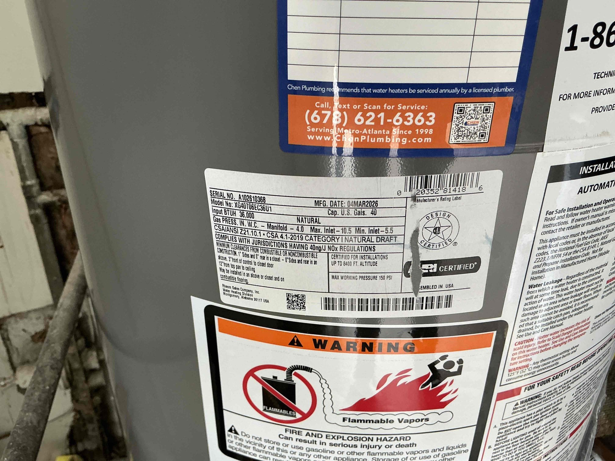 Customer getting brown water out of faucets upon arrival. Customer stated the issue has cleared now but a few days ago she was getting brown water. Made sure customer did not have a leak in the yard that was allowing dirt into the lines. Customer did not have a leak. Inspected water water heater and found it to be 8 years old. Customer stated she was wanting to replace it due to the age and the color of the water that came out of the drain. Informed this could help with the issue of dirty water but a filter would do it best. Gave customer both estimates and customer chose to just do the water heater since the dirty water issue had stopped. Installed new 40 gal gas tall Rheem water heater with a new thermal expansion tank, shutoff valve, new pan, new gas whip with a shutoff. Turned water back on to unit to check for leaks and found no leaks. Fired up unit and set it to the correct temperature. Water heater is fired up and working properly. Customer will have hot water within 45 minutes 