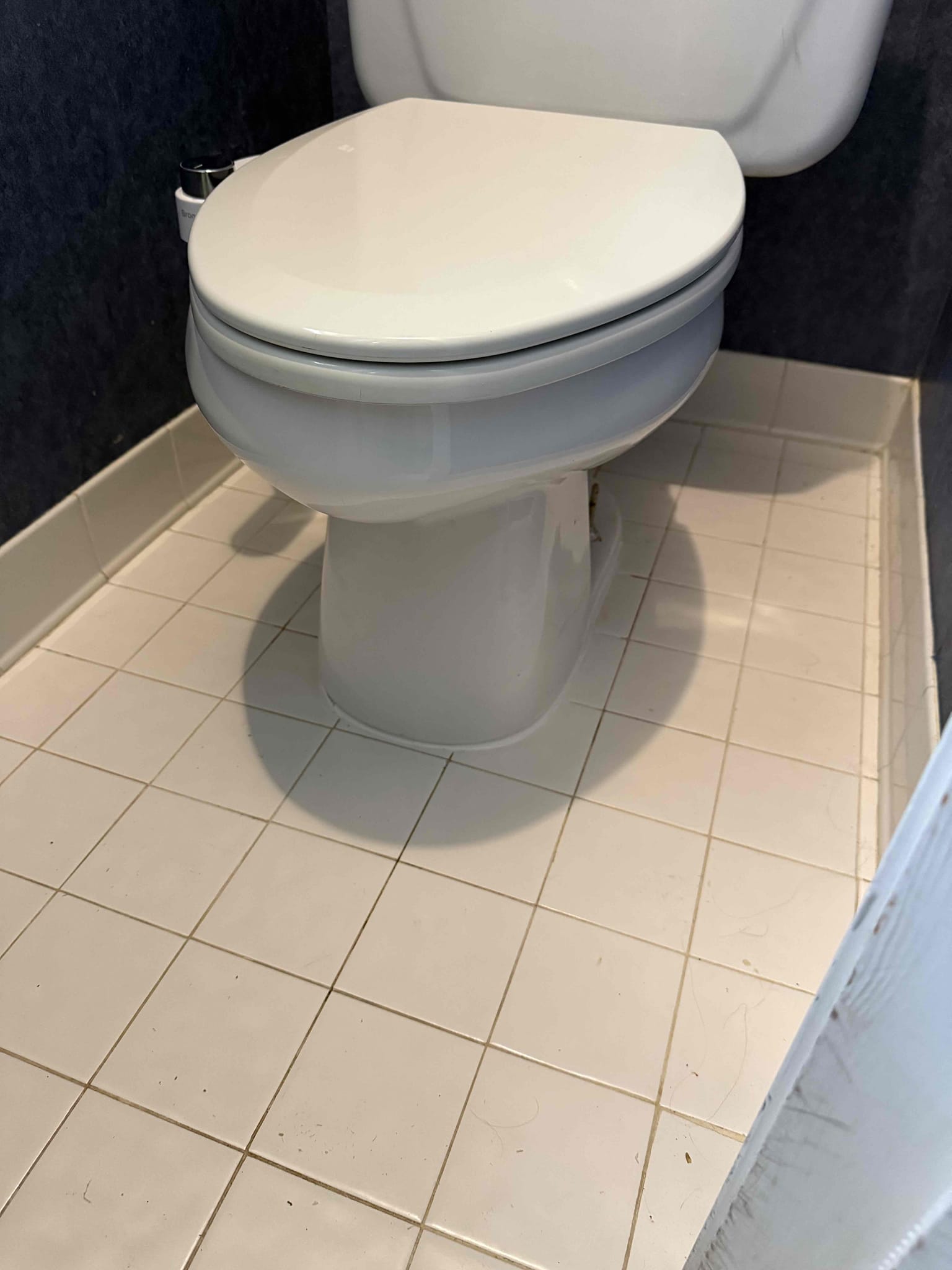 Trimmed shims and caulked toilet. Allow 24 hours for caulk to dry 