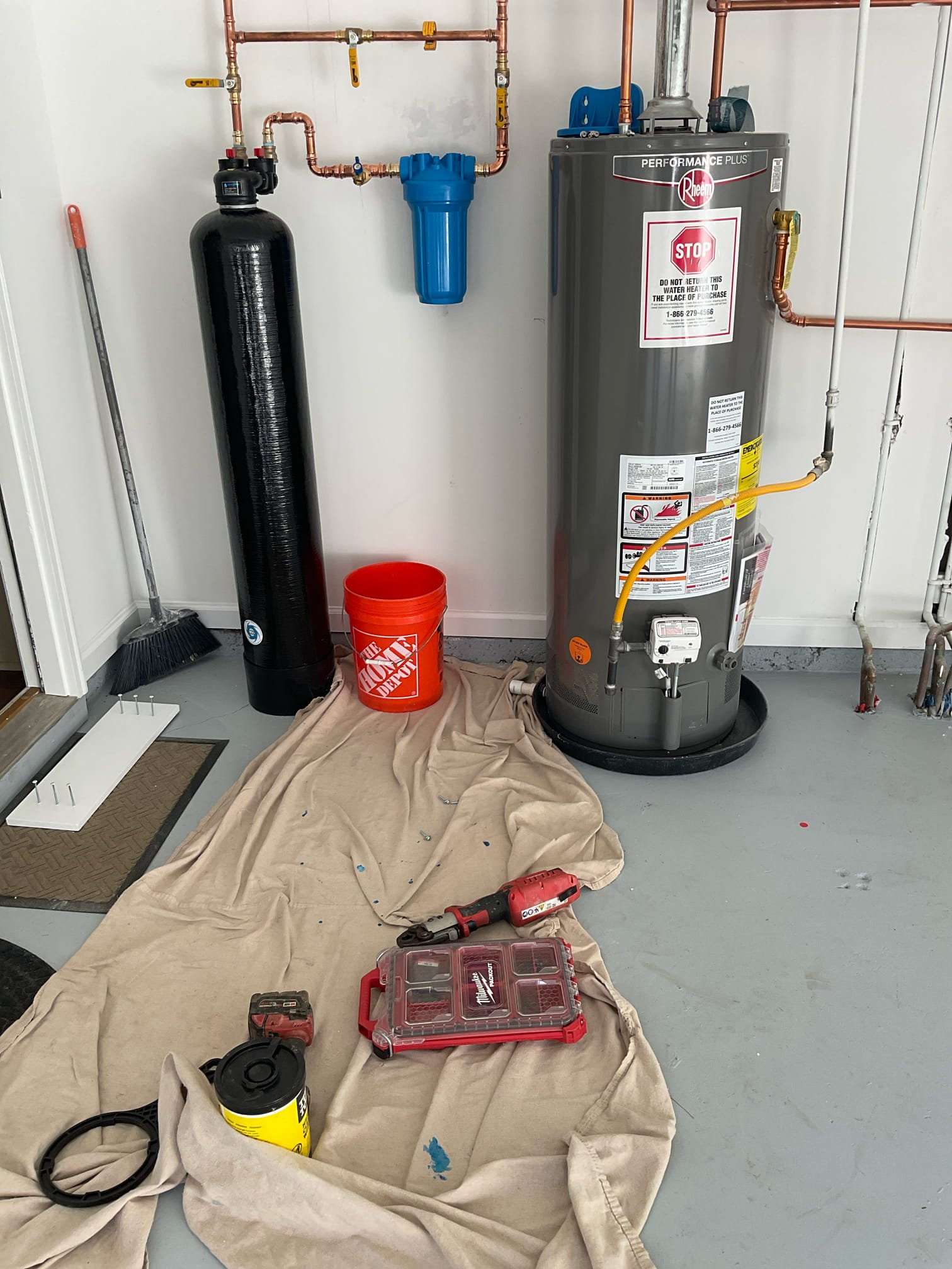 Redid house filter pipe and fasten post filter to wall to stud 