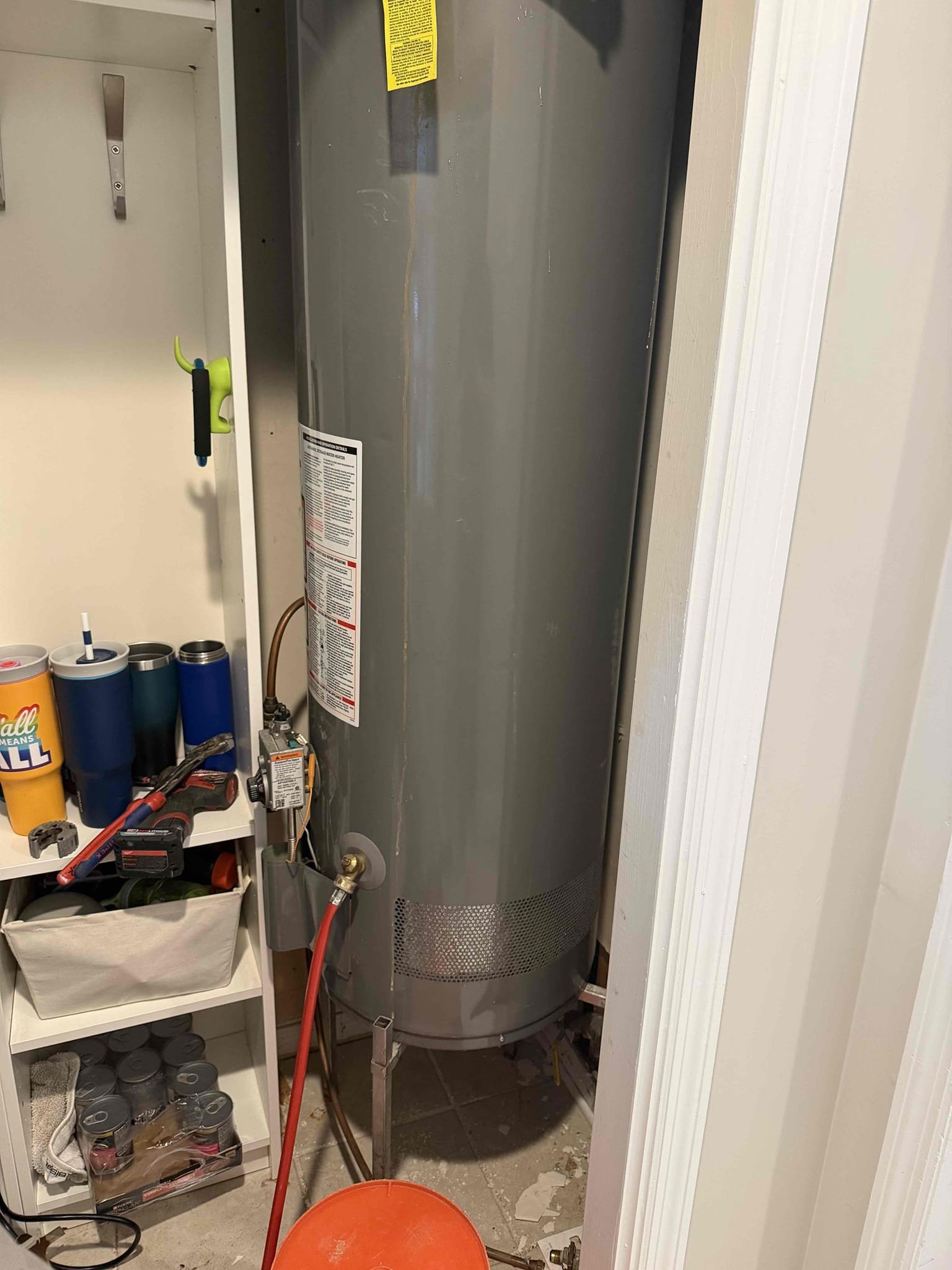 Removed existing water heater and hauled away. Furnished and installed Navien 240a2 tankless water heater. Rework gas line to get proper sizing. Reworked both hot and cold water lines. Also install installed new main house shut off and PRV. Tested all work and no leaks were present at this time. Will need to return tomorrow to install crossover tee and cap old water heater vent.