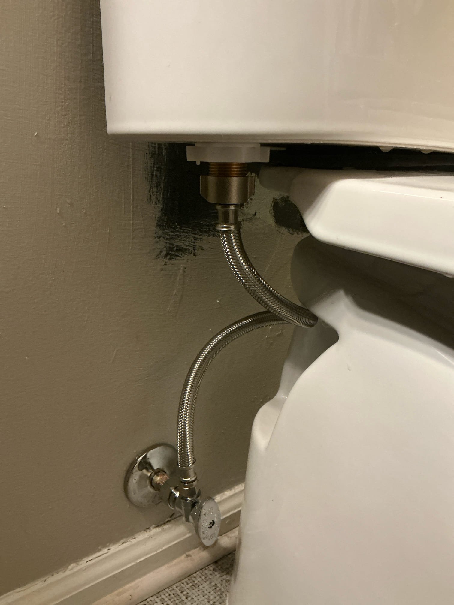 Found toilet in hall restroom running and stop valve leaking. Replaced Kohler flush valve seal, fill valve, supply line, escutcheon and stop valve. Tested and left in good working order. No other issues at this time.