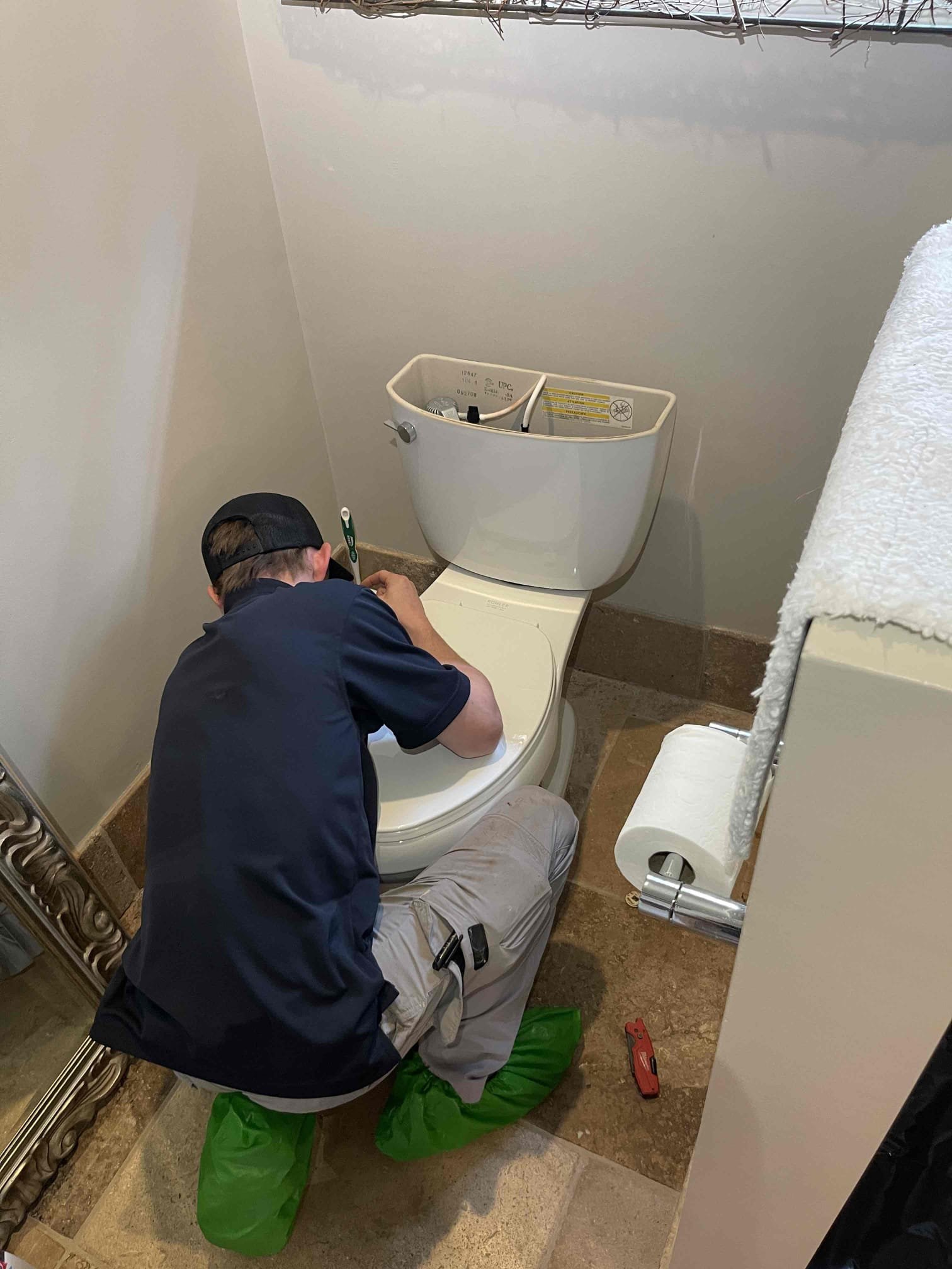 Pulled the toilet in the master bathroom and camera’d down to the septic tank. We did find one minor belly in the line where the remodeled master bathroom PVC drain transitions into the old ABS. Gave quote to install pressure assist if the bathroom ever has problems with backing up. Customers main issue is the drain field in the backyard holds a lot of water when we get heavy rain and does not allow for the septic tank to drain the excess water properly. Recommended he look at having a French drain system installed in the back yard to help with diverting a lot of the rain water, as the drain field system was replaced within the last 10 years. No further issue at this time. 