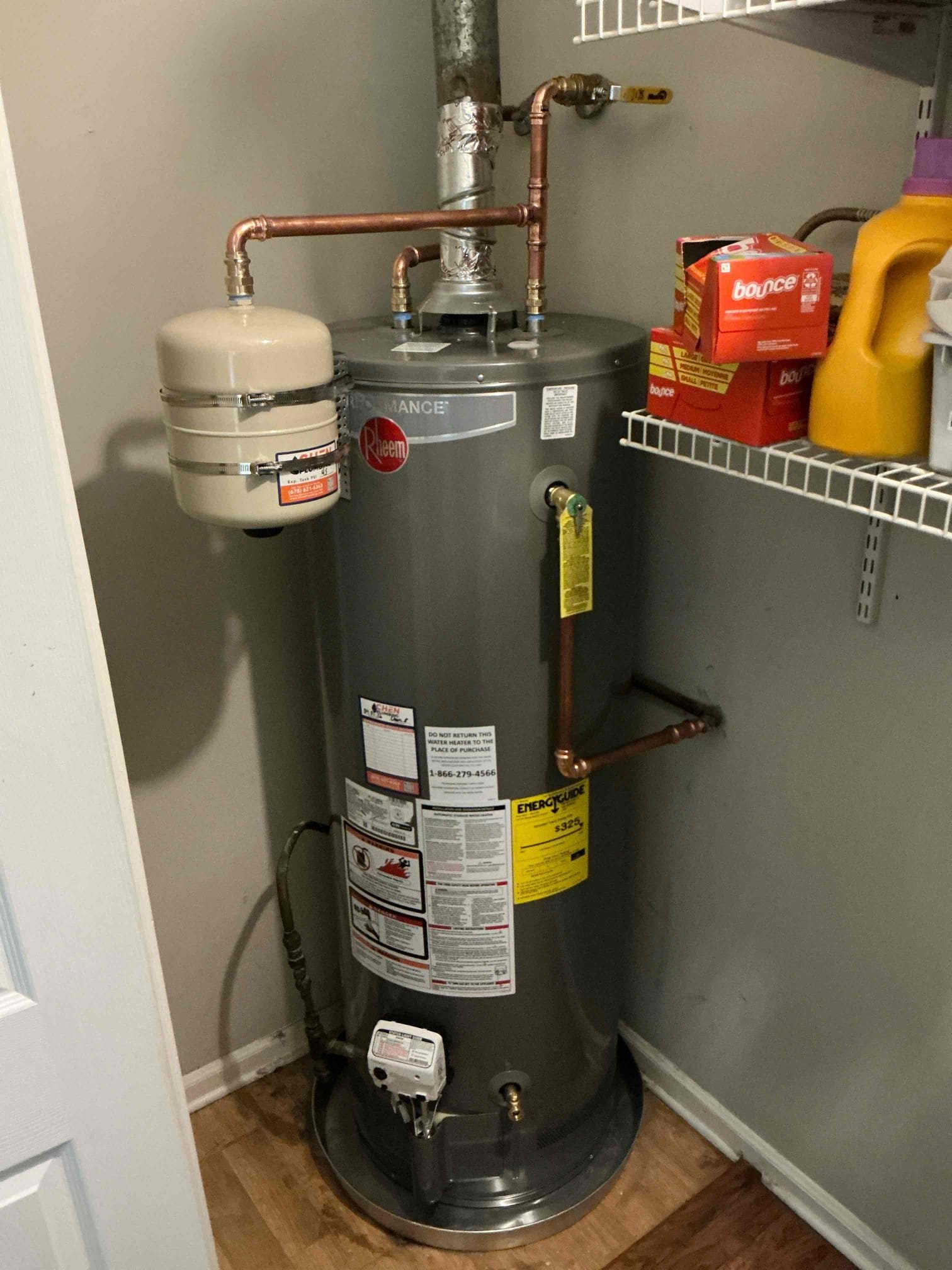 Customer wanting to replace water heater due to age upon arrival. Gave customer estimate, customer approved estimate. Replaced 40 gal gas short with new 50. Added new expansion tank, pan, and ball valve. Re worked the vent, and added a new single wall vent 90. Replaced 3 in flapper valve in hallway bath due to running toilet as a courtesy. Turned water on to check for leaks. No leaks detected and toilet no longer running. Water heater is fired up and working properly upon departure. 