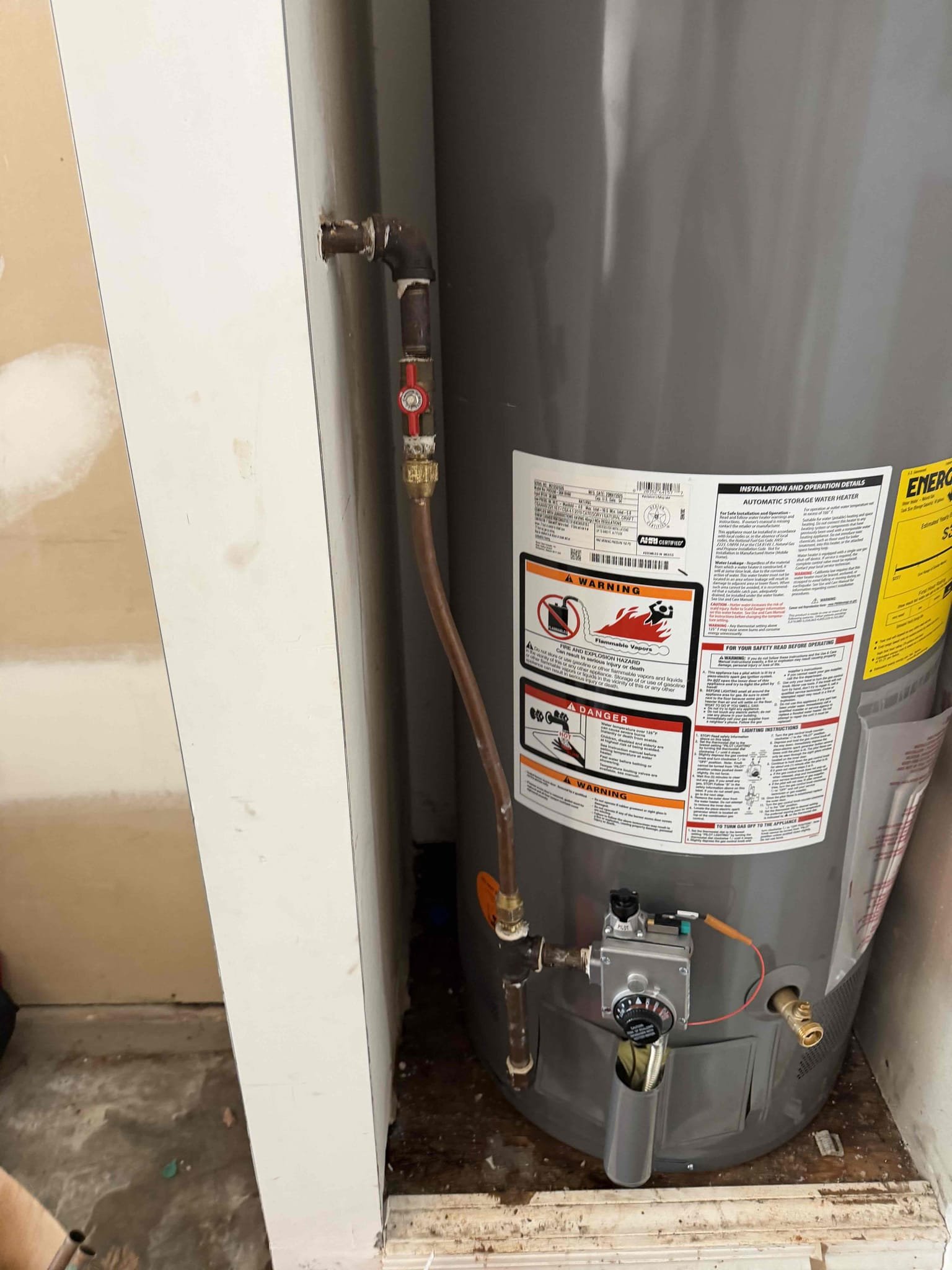 Remove existing water heater and haul away. Furnish and install new 50 gallon gas water heater with new tank shut off and new thermal expansion tank with bracket. Also install drip pan under heater.

Remove old water, heater and furnish and install new 50 gallon gas water heater. Installed new thermal expansion tank with a bracket. Tested and at this time, there was no water or gas leaks. Set water heater to 120° and there should be hot water in about 30 to 45 minutes. Cleaned up work area.