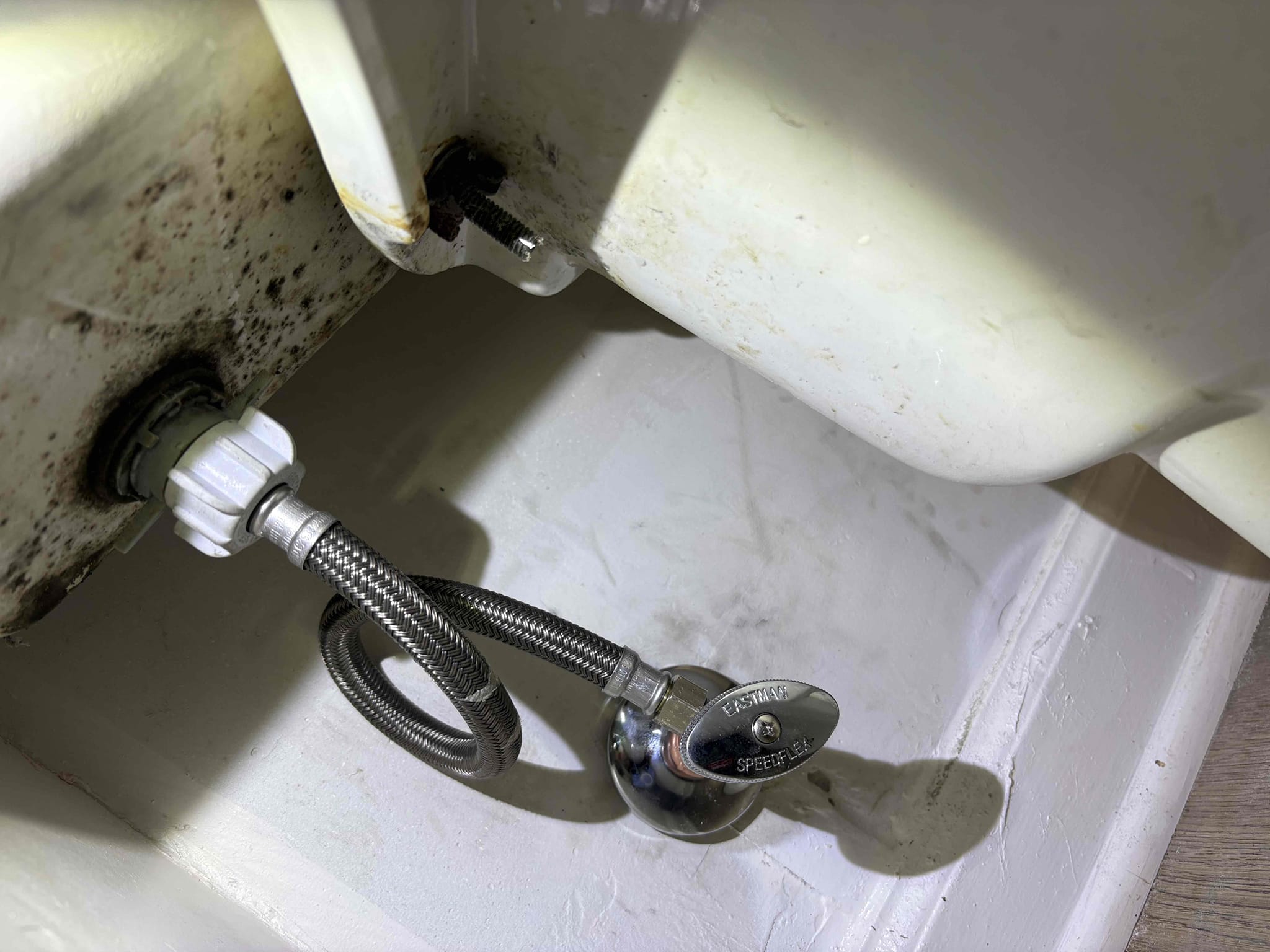 Client called us out to replace a leaking old angle stop for a toilet in the hallway bathroom. It was tucked behind the toilet and right next to vanity, so we cut the old stop off, then used a pro press male adapter into a new multi turn angle stop, and installed with new chrome escutcheon as well. Installed new braided toilet supply as well. Turned water back on and tested, no leaks. 

Home water pressure good at 50 psi. 