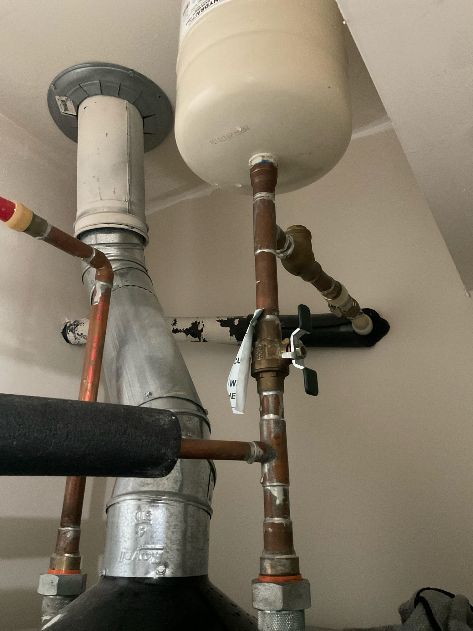 Leaking expansion tank which is undersized, quote replacement with 5 gal tank and also new 75 gal gas water heater today , customer declined any work today 