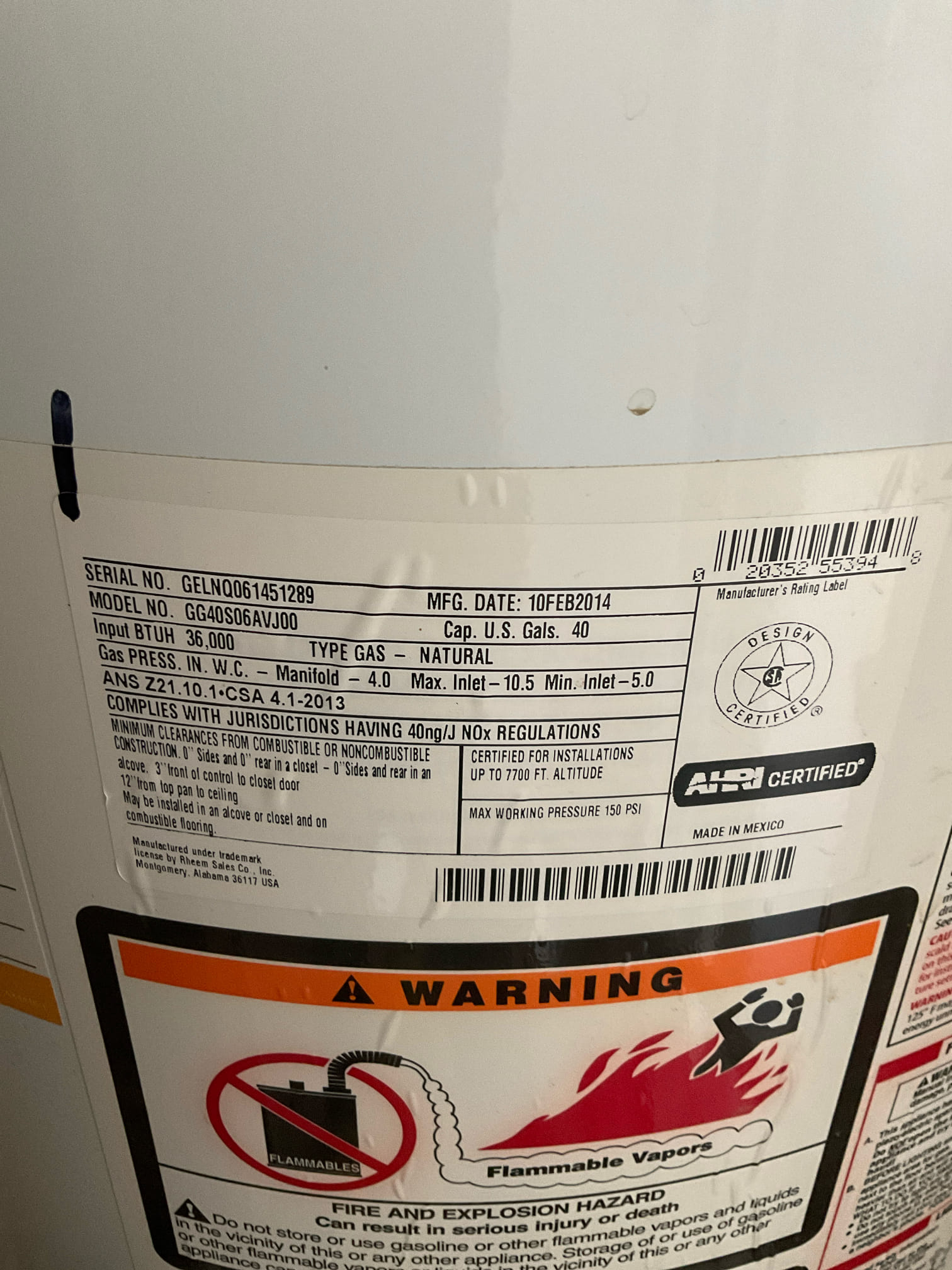 Quoted a 40 gallon gas short water heater in garage today 