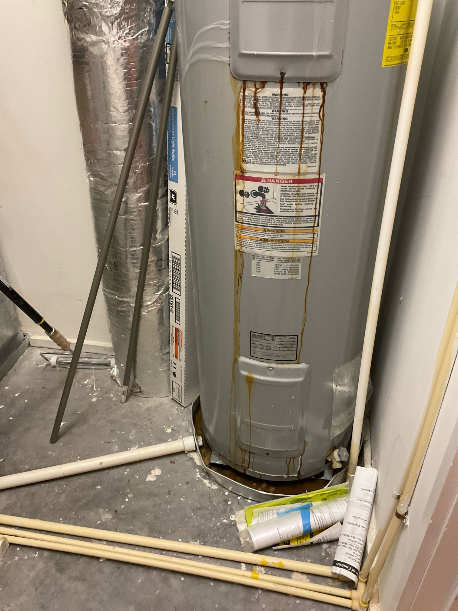 Today we replaced a busted 40 gal tall electric water heater , installed new pan , thermal expansion valve , new main unit shut off valve and shut off for new water heater , supply and installed a whole house water filter with bypass