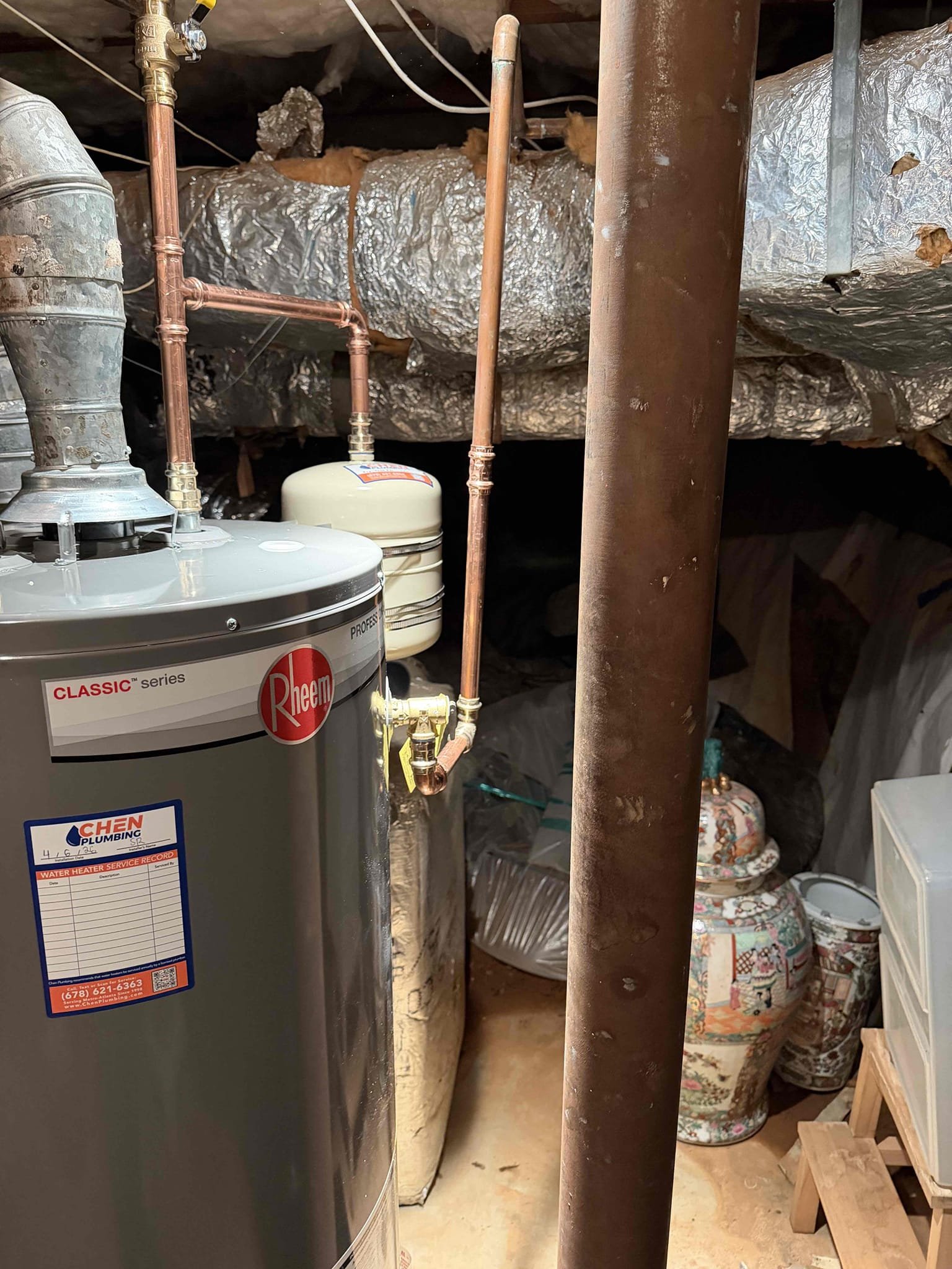 Remove existing water heater and haul away. Furnish and install new 50 gallon gas water heater with new tank shut off and new thermal expansion tanked with bracket. Also install drip pan under heater.

Install new water heater and tested. No leak leaks were present at this time. There should be hot water within 30 minutes. Cleaned up work area.