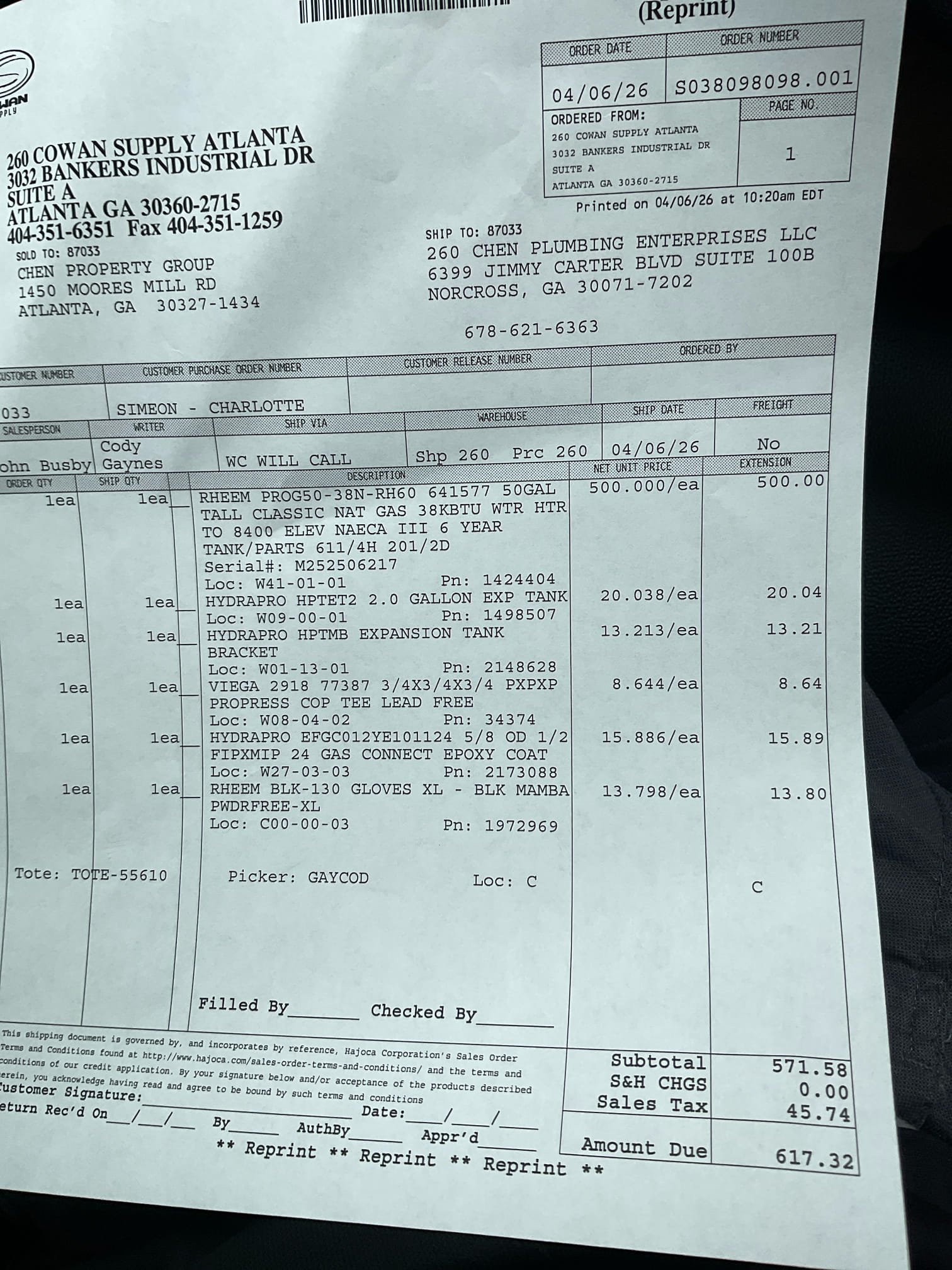 Remove existing water heater and haul away. Furnish and install new 50 gallon gas water heater with new tank shut off and new thermal expansion tanked with bracket. Also install drip pan under heater.

Install new water heater and tested. No leak leaks were present at this time. There should be hot water within 30 minutes. Cleaned up work area.