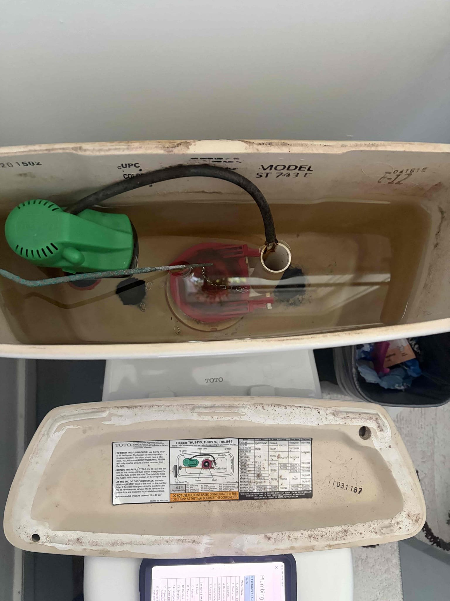 Lower bathroom toilet constantly running 
Replace the service stop valve in bathroom for toilet 
Today we did our annual plumbing inspection, everything looked good except for two different toilets, the toilet in back was constantly running indicating that there was an issue with the inside parts, so therefore I recommend to replace the supply line, fill valve and flapper went back to oem flapper Toto. And then the other toilets service stop valve wouldn’t close and or had a minor drip when turned off, so I recommend to replace that valve along with the supply, that is what we completed, there are no leaks present time of service. Additionally during our inspection we couldn’t find a sewer clean out, that is recommended. Additionally when it is time to replace the water heater I recommend going to a tankless rather than a tank style water heater. Just due to the space in the crawl space. 