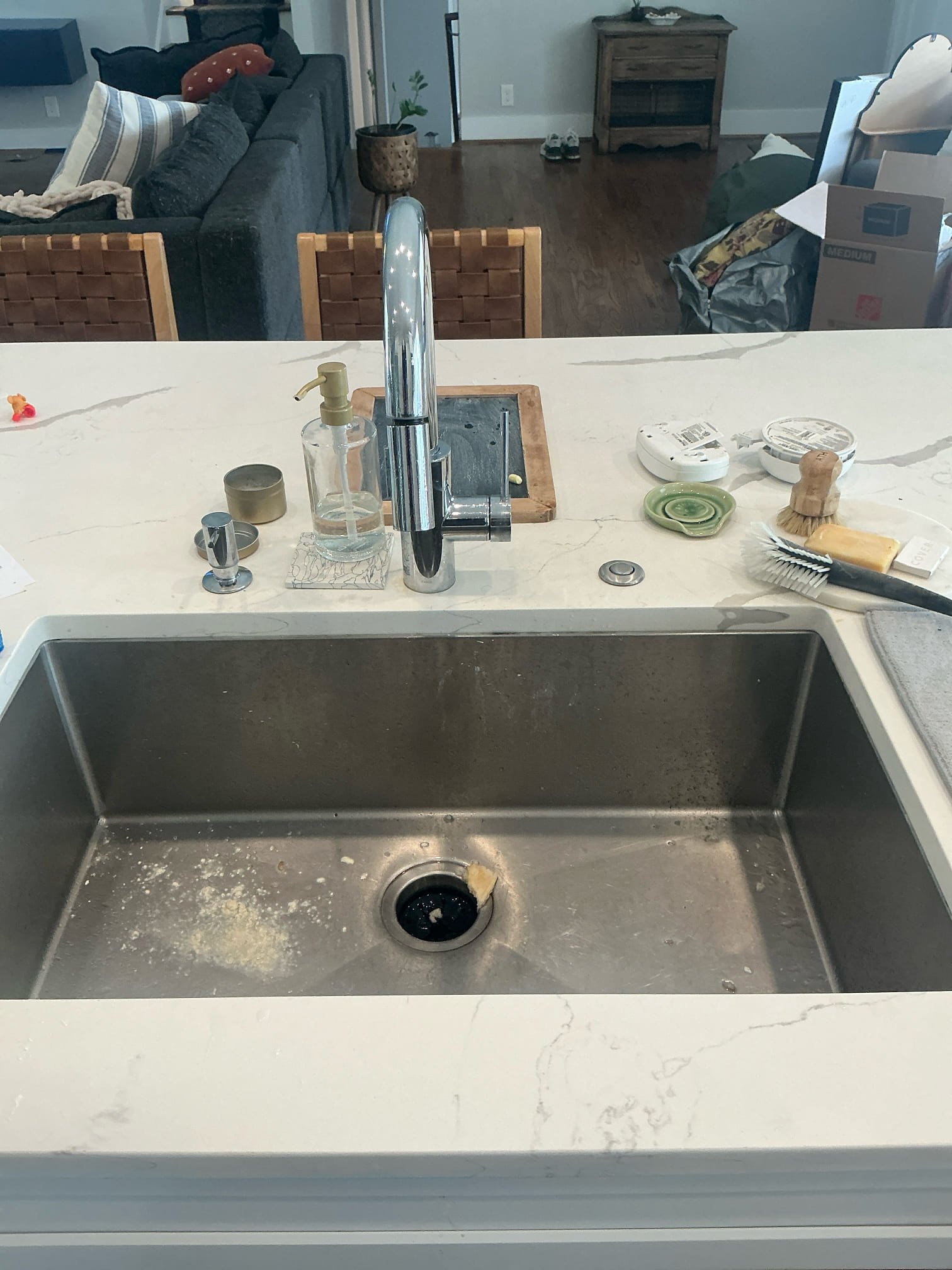 Client called us out today due to very low pressure at the kitchen faucet. The whole home water pressure is a little low itself at 40 psi, but the kitchen faucet was significantly lower. We replaced the kitchen faucet with new customer supplied single hole faucet. Hooked up connections and tested, no issues. 