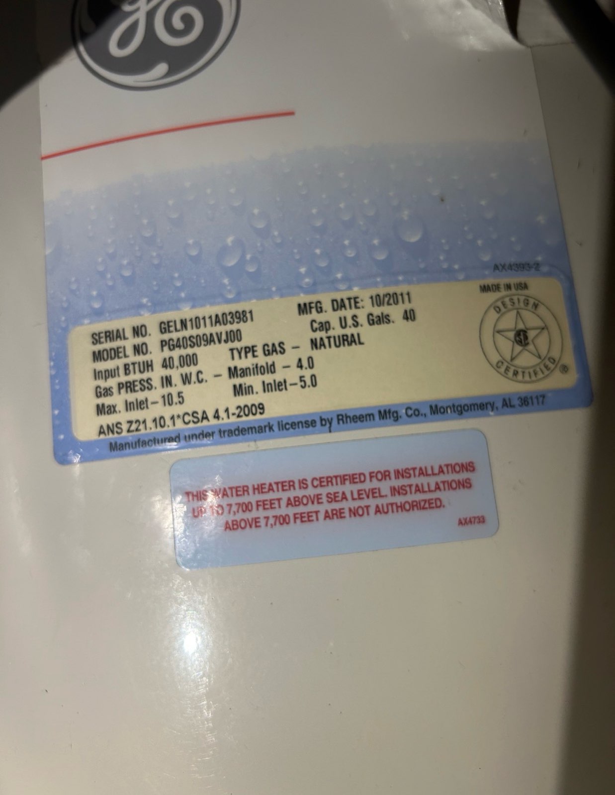 Water heater is from 2011. Left quote to replace tank. Replacement with same size heater using natural gas will require a hatch to be built into the attic, or for the stair framing to be removed. Water pressure was testing high, but I believe this was due to thermal expansion occurring after we lit the water heater. Unsure if the pilot light going out was due to a disruption in the gas service or due to the age of the unit, as we were able to get it to light first try and the burner assembly came on. Tank will have to be replaced at some point in the near future due to the age of the tank. 