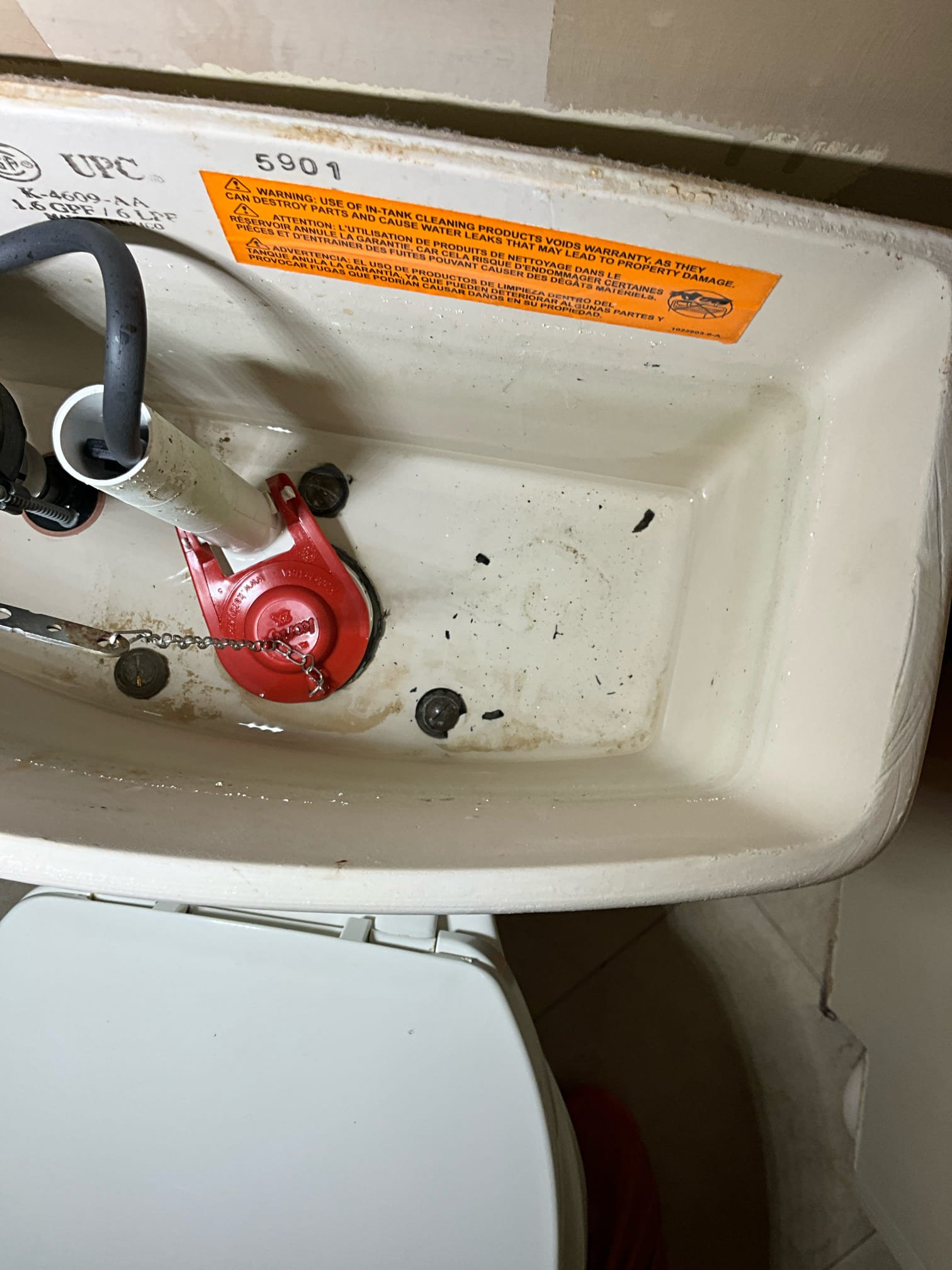 Call for toilet leaking in to ceiling.

Arrived and met with Ryan, he stated his children saw water damage in the ceiling. He checked the toilet above and found a tank dripping to the floor.

I inspected toilet and found the tank components to all be in a very deteriorated state. The gaskets, flapper,  flush valve gasket and fill valve gaskets are all in bad shape. 

During the inspection we also checked three other toilets and found the. To be consistent with the first toilet. The remaining shut off valves however should be replaced, while the first is a good candidate for a rebuild. 

The house shut off valve is in working condition, and the pressure regulating valve is in good condition and working correctly. Due to time constraints we are returning tomorrow to perform all repairs.