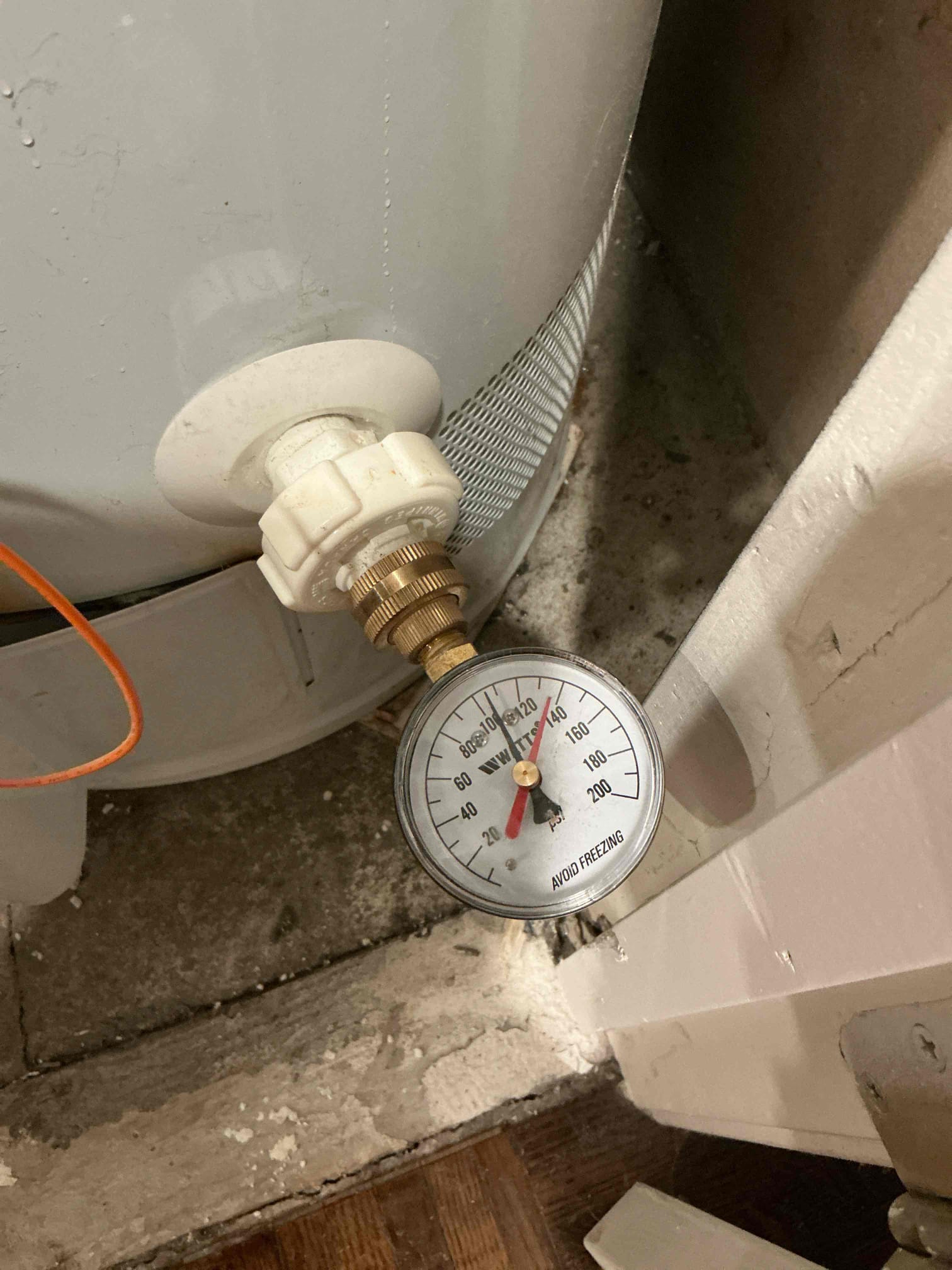 Found thermal expansion tank leaking from pin hole at top. Replaced thermal expansion tank. Pressurized to 80 psi.