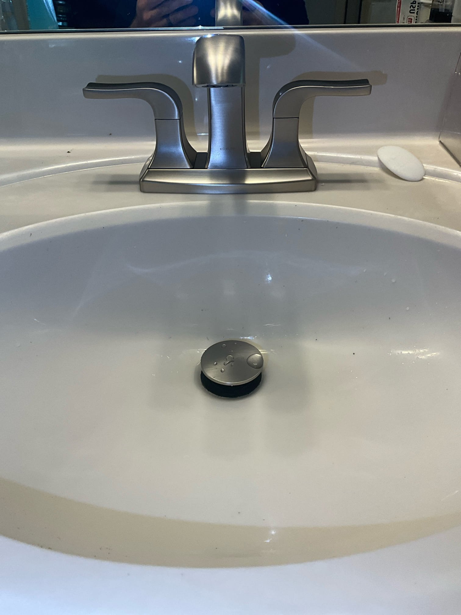 Price is to furnish and install center spread faucet in right hand sink for upstairs bathroom due to leaking and dripping faucet. Replaced with a new Moen faucet and tested to ensure proper function and no leaks. None were found.