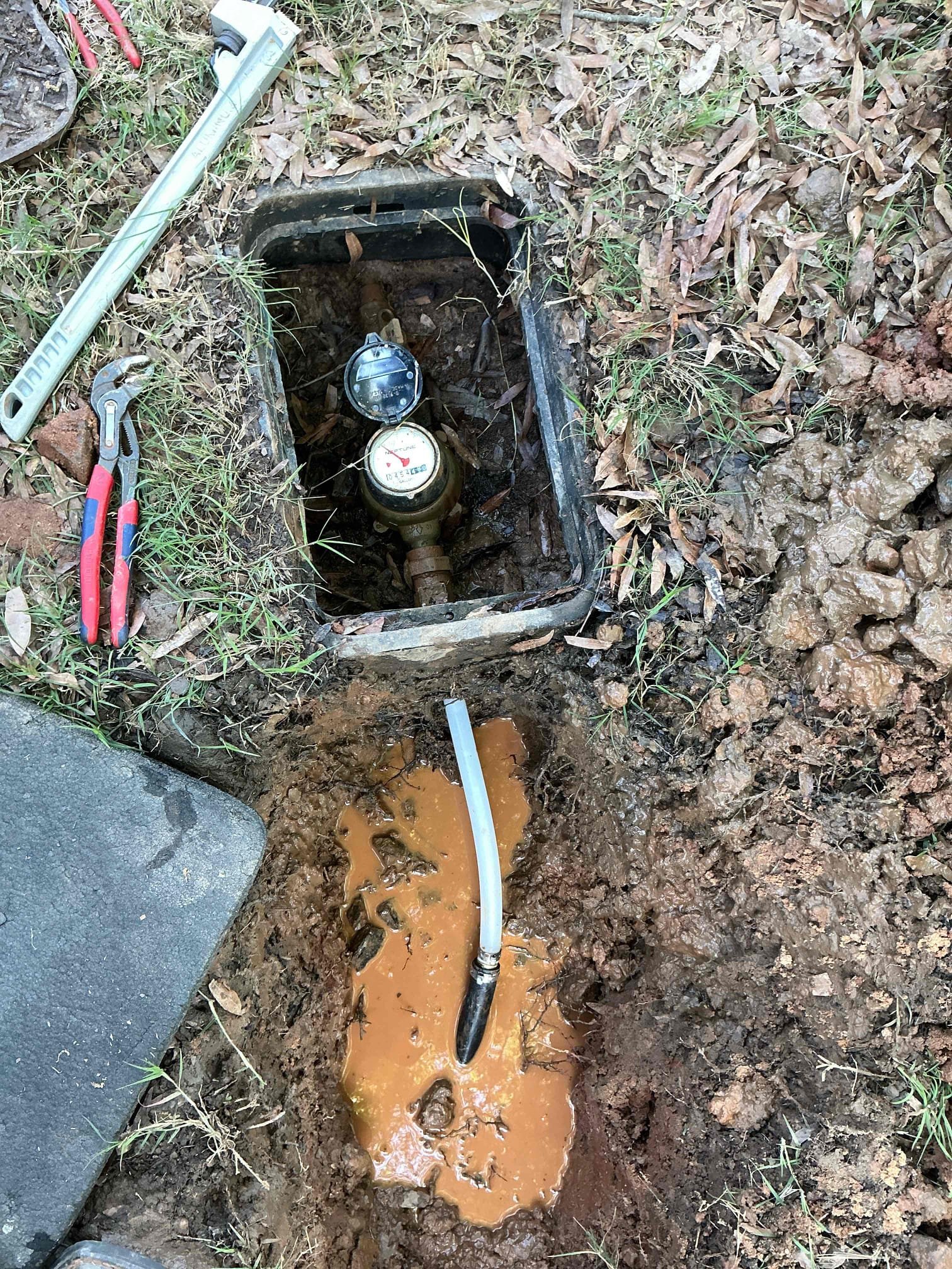Customer called us out for a potential leak in front of water meter, after giving customer an initial charge of exploratory dig. We found issue to be three-quarter black iron nipples that was buried underground with three-quarter gate valve. Informed customer that repair would remove both black iron nipple, and gate valve. Customer agreed replaced section of pipe that was bad with pex piping. All work has been thoroughly tested and complete. 