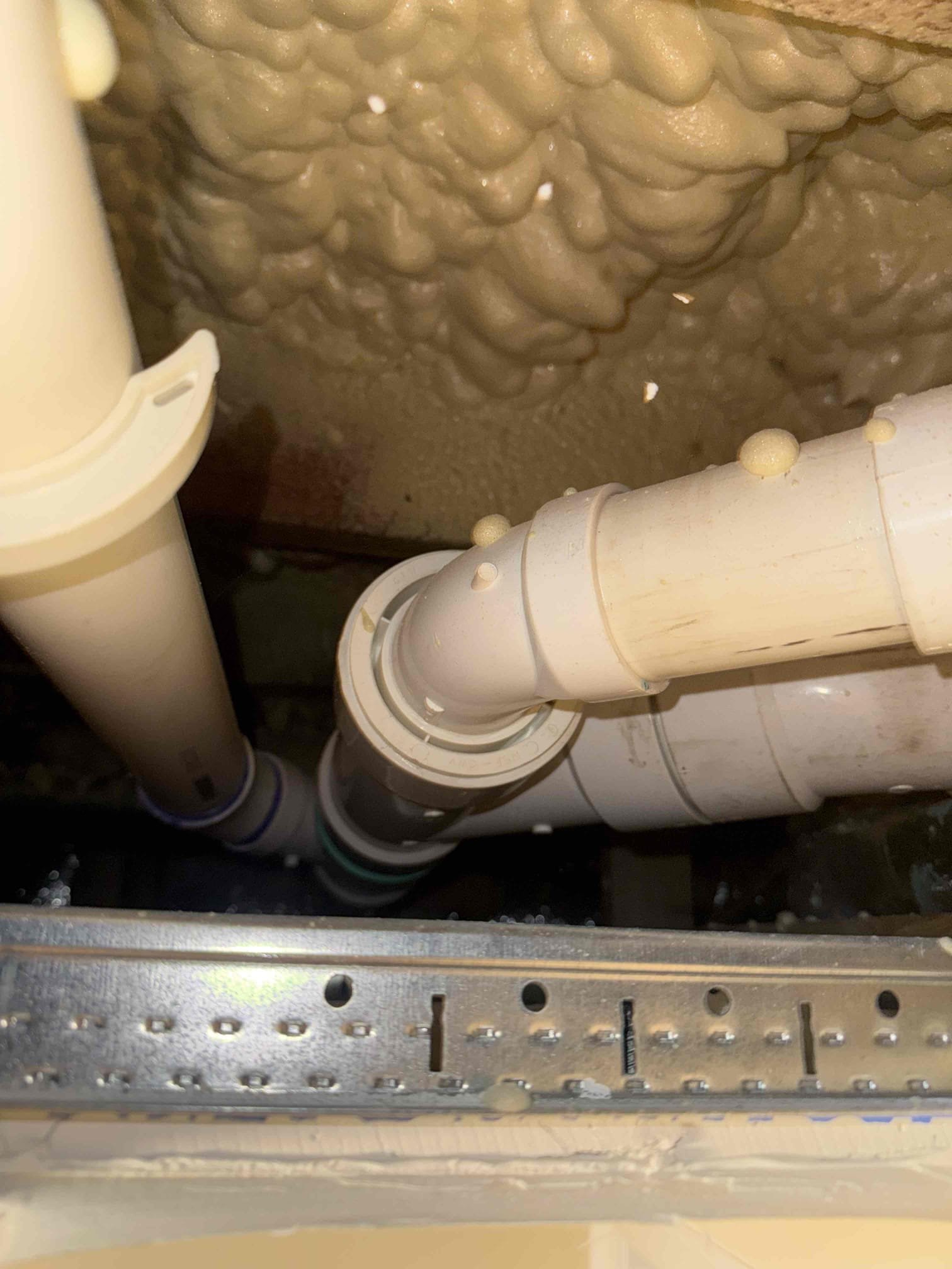 Leak in ceiling upon arrival. Customer stated now that they are almost fully moved in they want to address the leak in the basement. Informed customer we would need to cut open the ceiling to find the leak. After opening ceiling, found glue joint from abs to pvc leaking. Informed customer the the leaking was coming from this glue joint and that the toilet in the master bathroom is what is connected to the line. Informed customer we would need to open the ceiling more and cut out a 6 ft section of pvc in order to resolve the issue due to how close all the fittings are in the ceiling. Gave customer estimate, customer stated they are planning to remodel that bathroom and will just not use that toilet for now since the master bath has two toilets. 